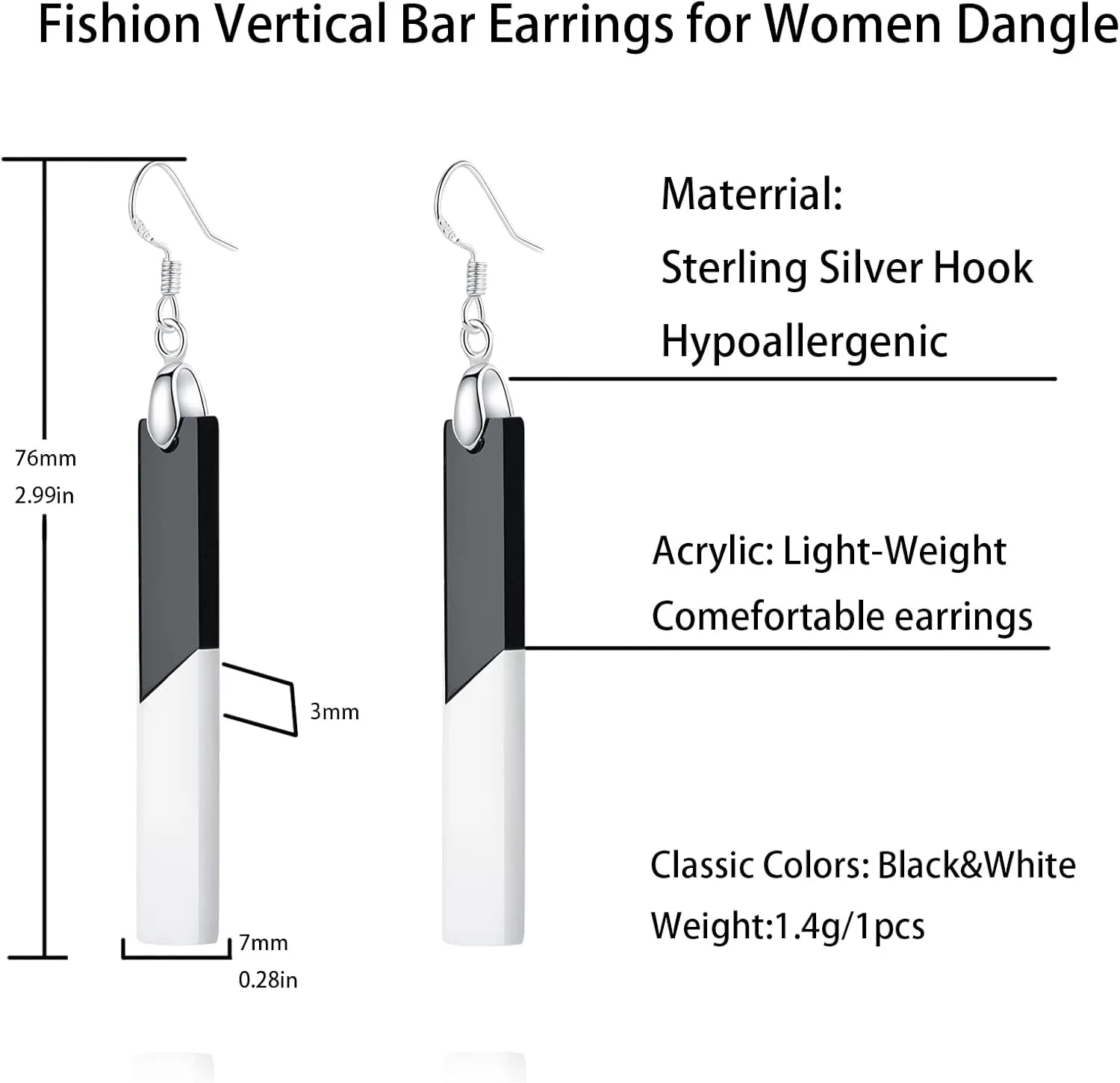 Bar Earrings For Women Minimalist Hypoallergenic for Sensitive Ear with Sterling Silver Hook, Trendy Simple Unique Black and White Dangling Cute Chic Drop Dangle Earrings