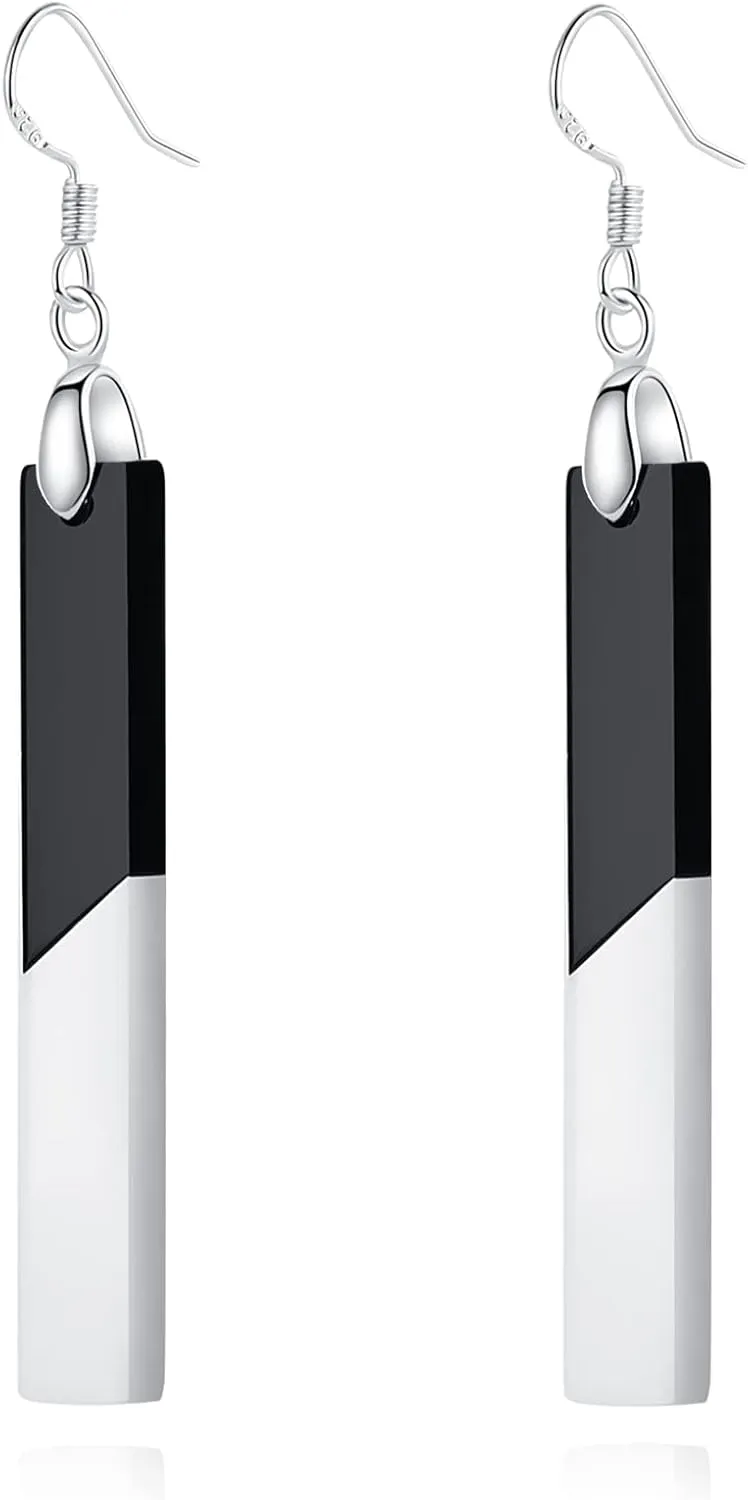 Bar Earrings For Women Minimalist Hypoallergenic for Sensitive Ear with Sterling Silver Hook, Trendy Simple Unique Black and White Dangling Cute Chic Drop Dangle Earrings