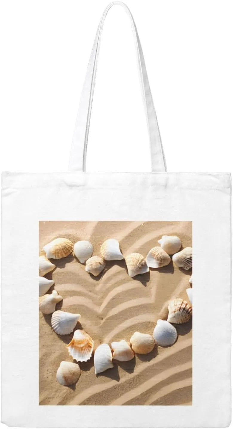 (Beach Sea Shell Sand) Reusable Canvas Tote Bag For Women Shoulder Bag For Shopping Grocery Beach Travel Work