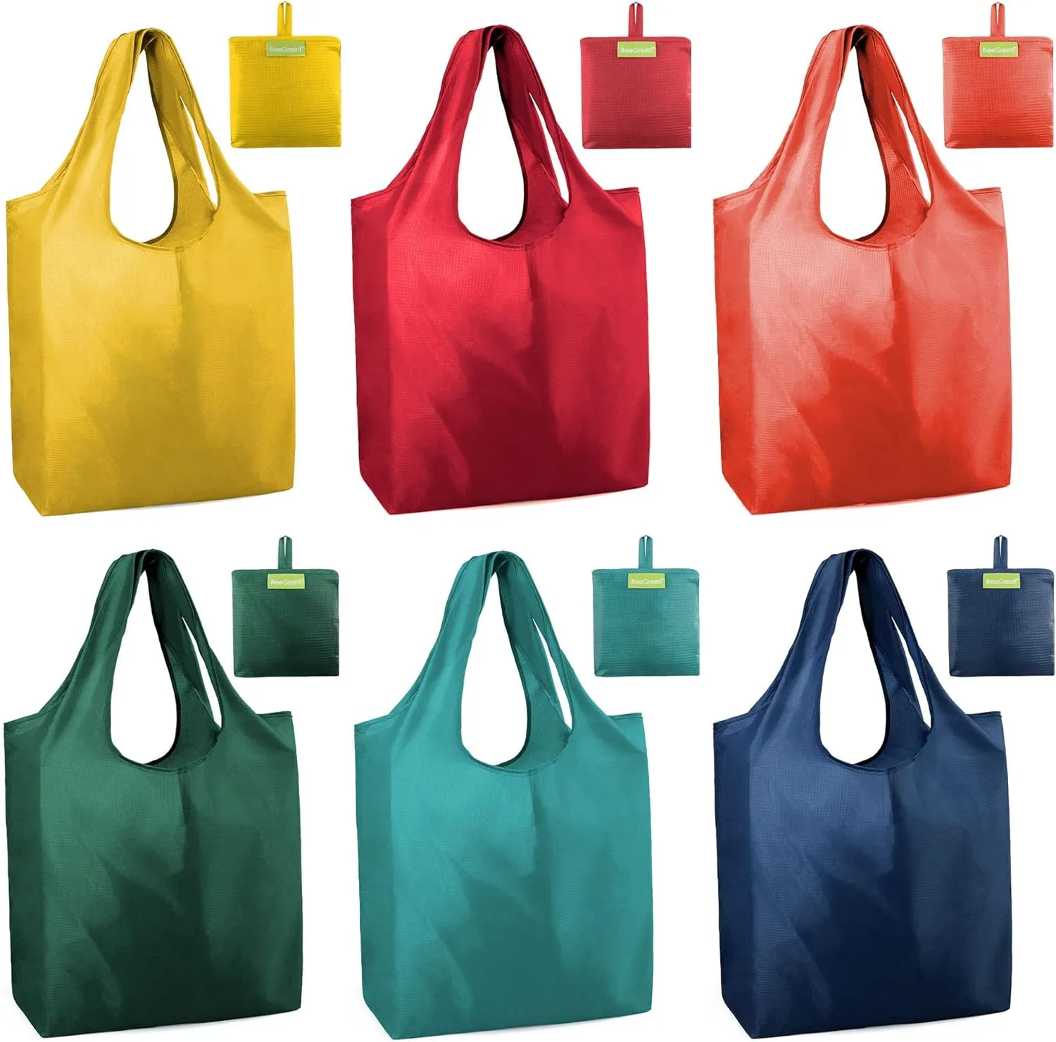 BeeGreen Reusable Grocery Bags Reusable Shopping 6 Pack Xlarge 50LBS Collapsible Bags with Pouch, Machine Washable Lightweight Polyester Tote Bags Kitchen Groceries Bags Yellow Orange Green