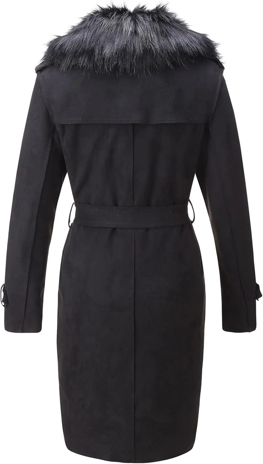 Bellivera Women Faux Leather Trench Coat Fleece-Lined Mid-length Jacket with Detachable Fur Collar