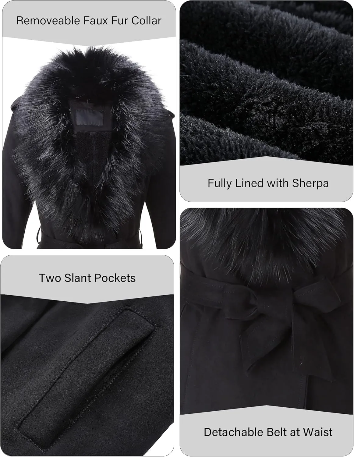 Bellivera Women Faux Leather Trench Coat Fleece-Lined Mid-length Jacket with Detachable Fur Collar