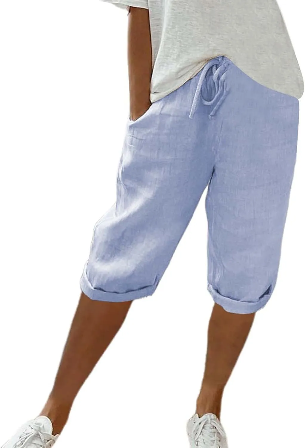 Bermuda Shorts for Women Knee Length Cotton Linen Capris Elastic Waisted Pants Summer Beach Board Shorts with Pockets