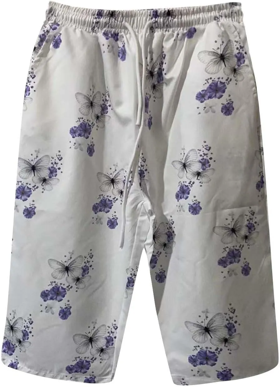 Bermuda Shorts for Women Knee Length Cotton Linen Capris Elastic Waisted Pants Summer Beach Board Shorts with Pockets