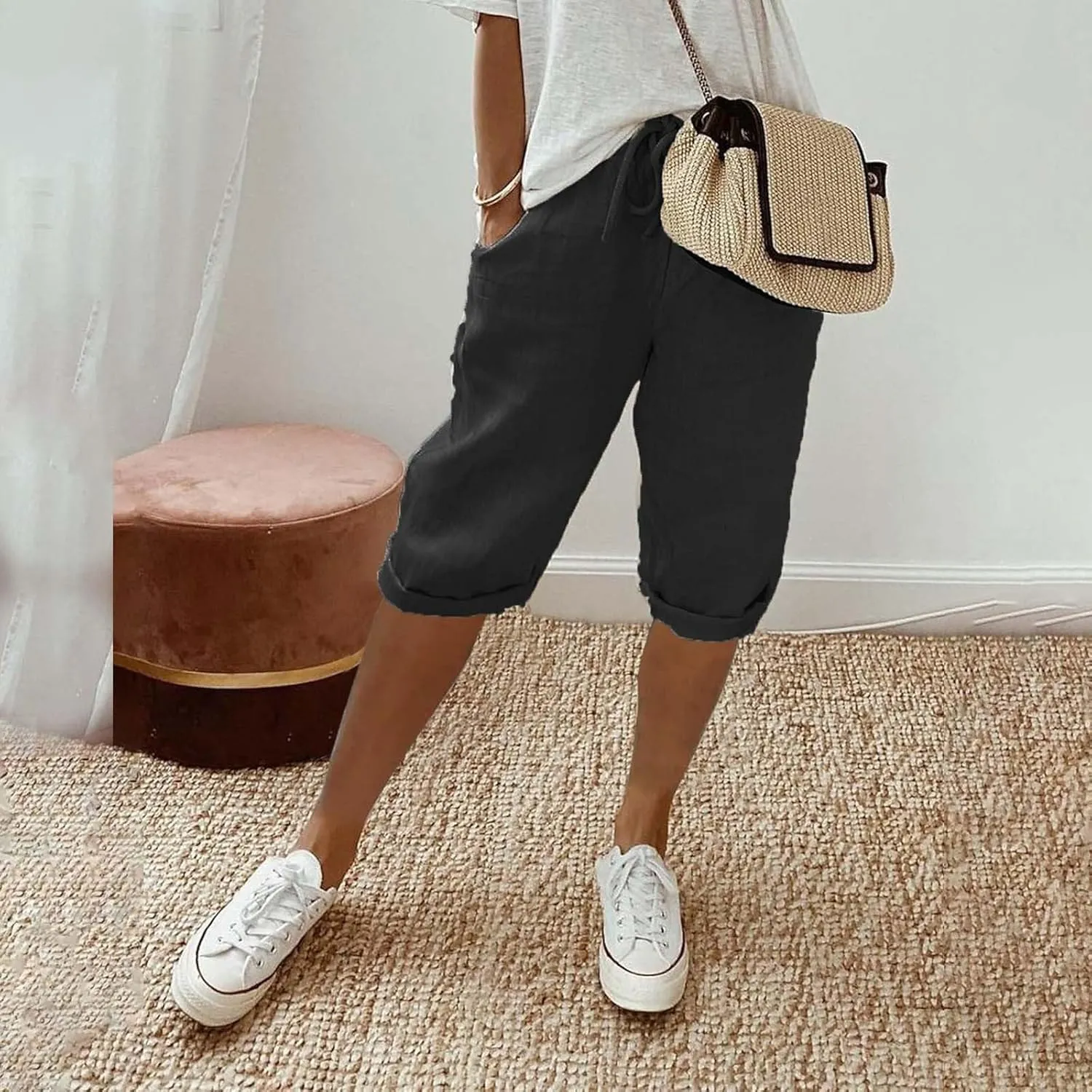 Bermuda Shorts for Women Knee Length Cotton Linen Capris Elastic Waisted Pants Summer Beach Board Shorts with Pockets