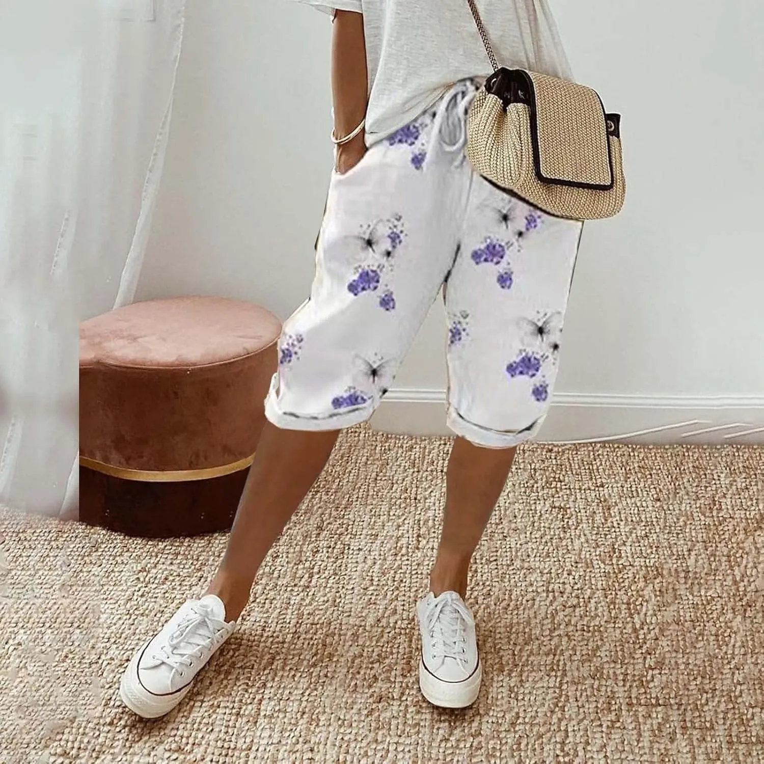 Bermuda Shorts for Women Knee Length Cotton Linen Capris Elastic Waisted Pants Summer Beach Board Shorts with Pockets