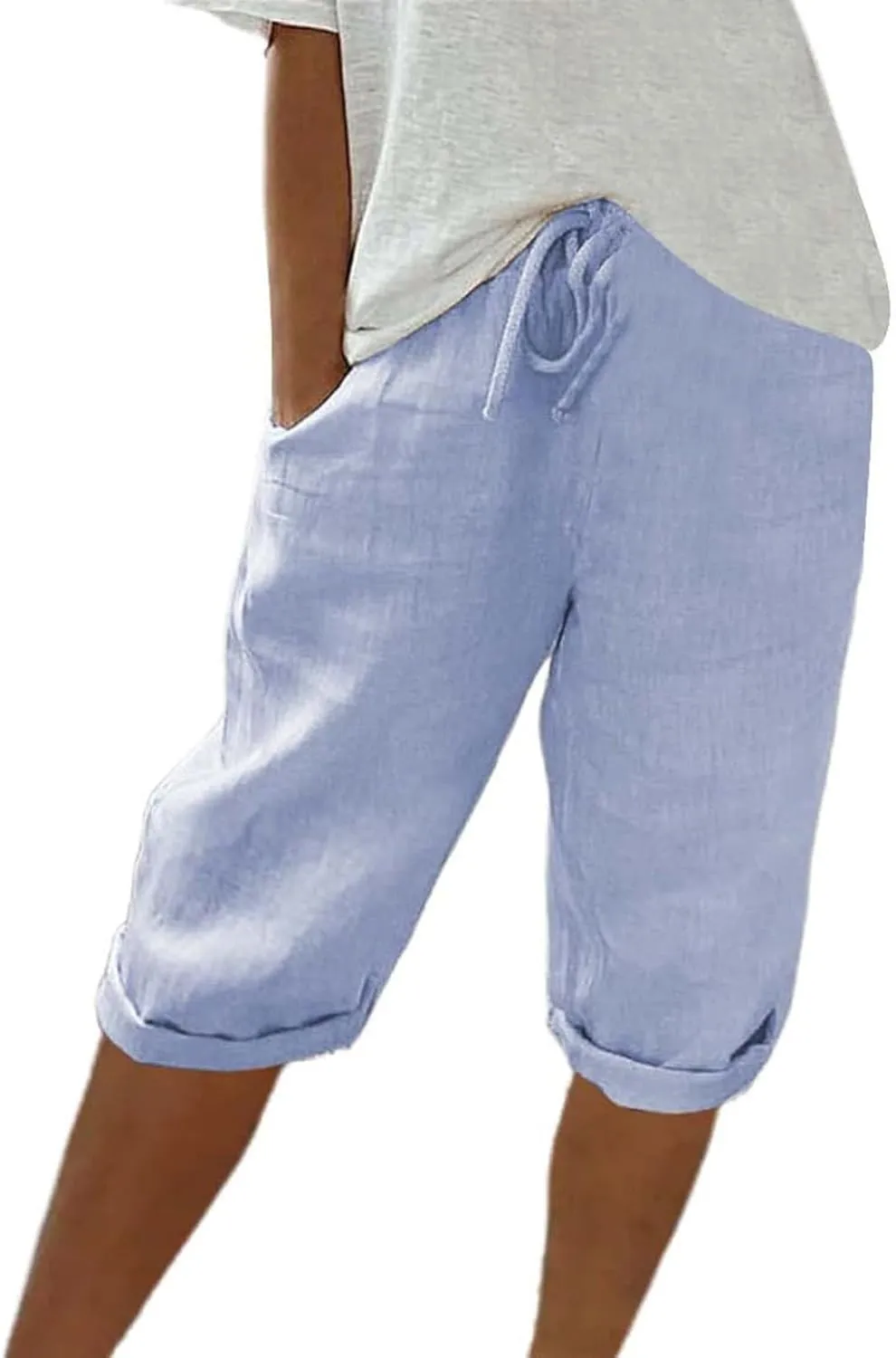 Bermuda Shorts for Women Knee Length Cotton Linen Capris Elastic Waisted Pants Summer Beach Board Shorts with Pockets