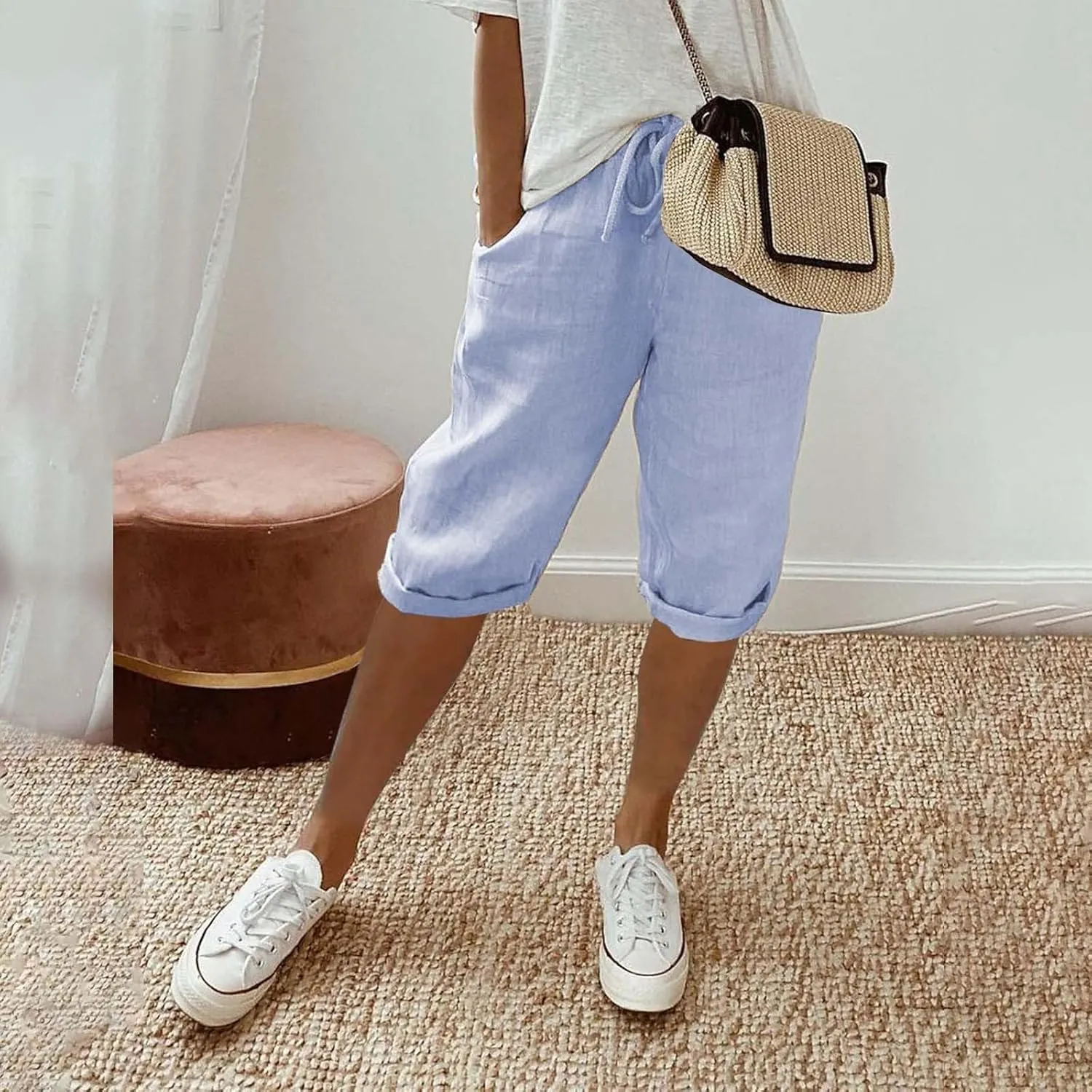 Bermuda Shorts for Women Knee Length Cotton Linen Capris Elastic Waisted Pants Summer Beach Board Shorts with Pockets