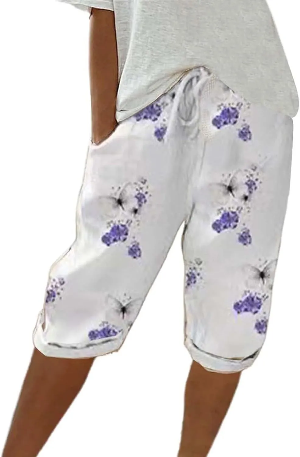 Bermuda Shorts for Women Knee Length Cotton Linen Capris Elastic Waisted Pants Summer Beach Board Shorts with Pockets