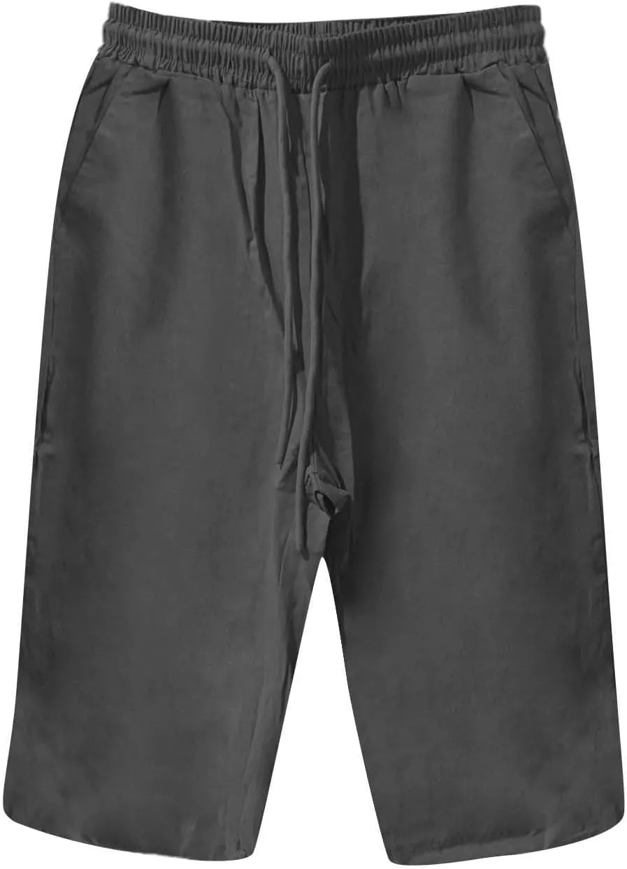 Bermuda Shorts for Women Knee Length Cotton Linen Capris Elastic Waisted Pants Summer Beach Board Shorts with Pockets