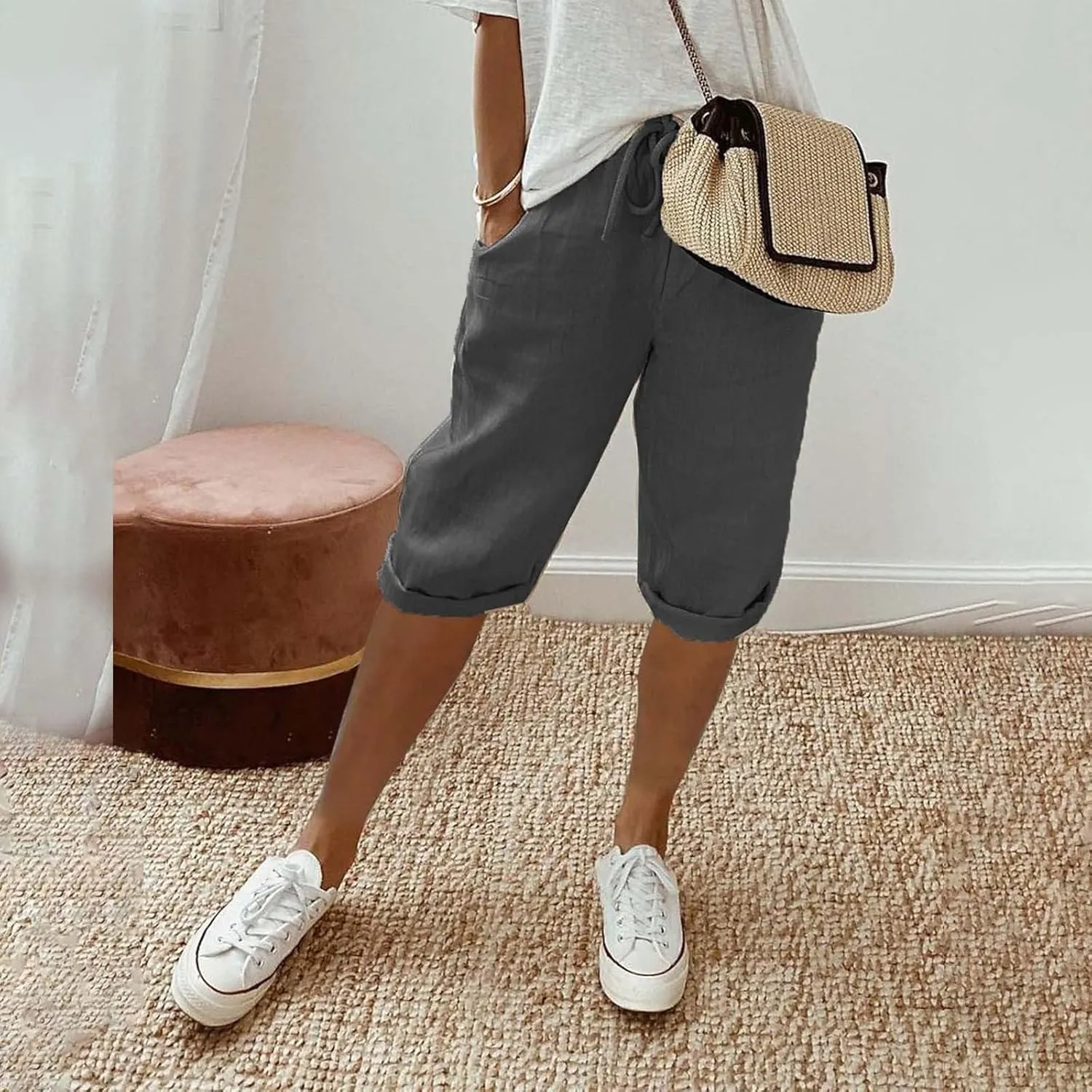 Bermuda Shorts for Women Knee Length Cotton Linen Capris Elastic Waisted Pants Summer Beach Board Shorts with Pockets