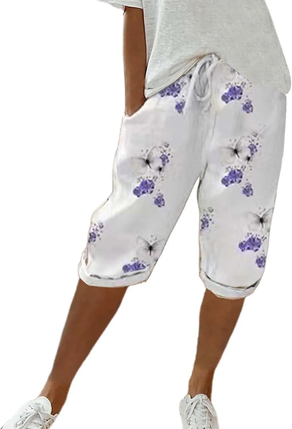 Bermuda Shorts for Women Knee Length Cotton Linen Capris Elastic Waisted Pants Summer Beach Board Shorts with Pockets