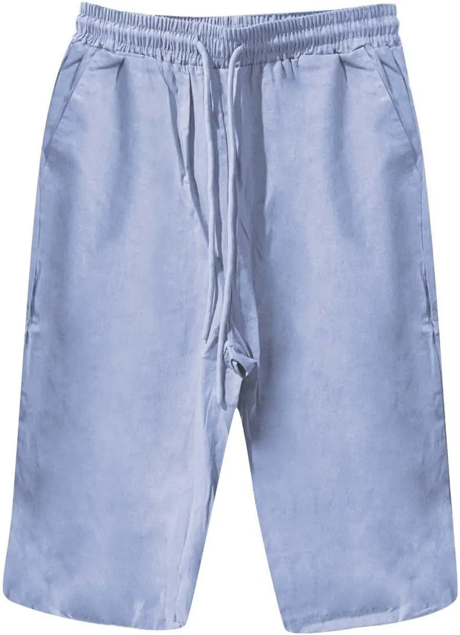 Bermuda Shorts for Women Knee Length Cotton Linen Capris Elastic Waisted Pants Summer Beach Board Shorts with Pockets