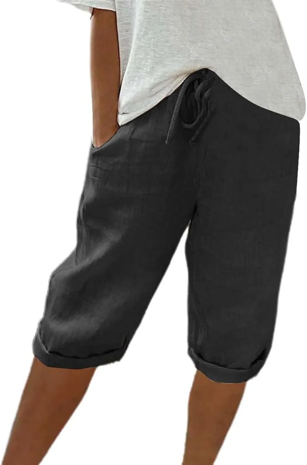 Bermuda Shorts for Women Knee Length Cotton Linen Capris Elastic Waisted Pants Summer Beach Board Shorts with Pockets