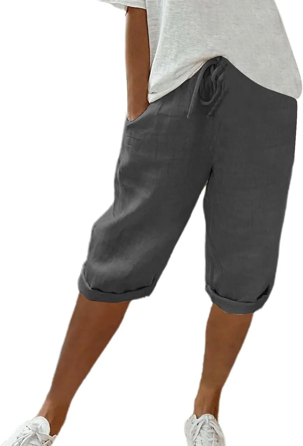 Bermuda Shorts for Women Knee Length Cotton Linen Capris Elastic Waisted Pants Summer Beach Board Shorts with Pockets