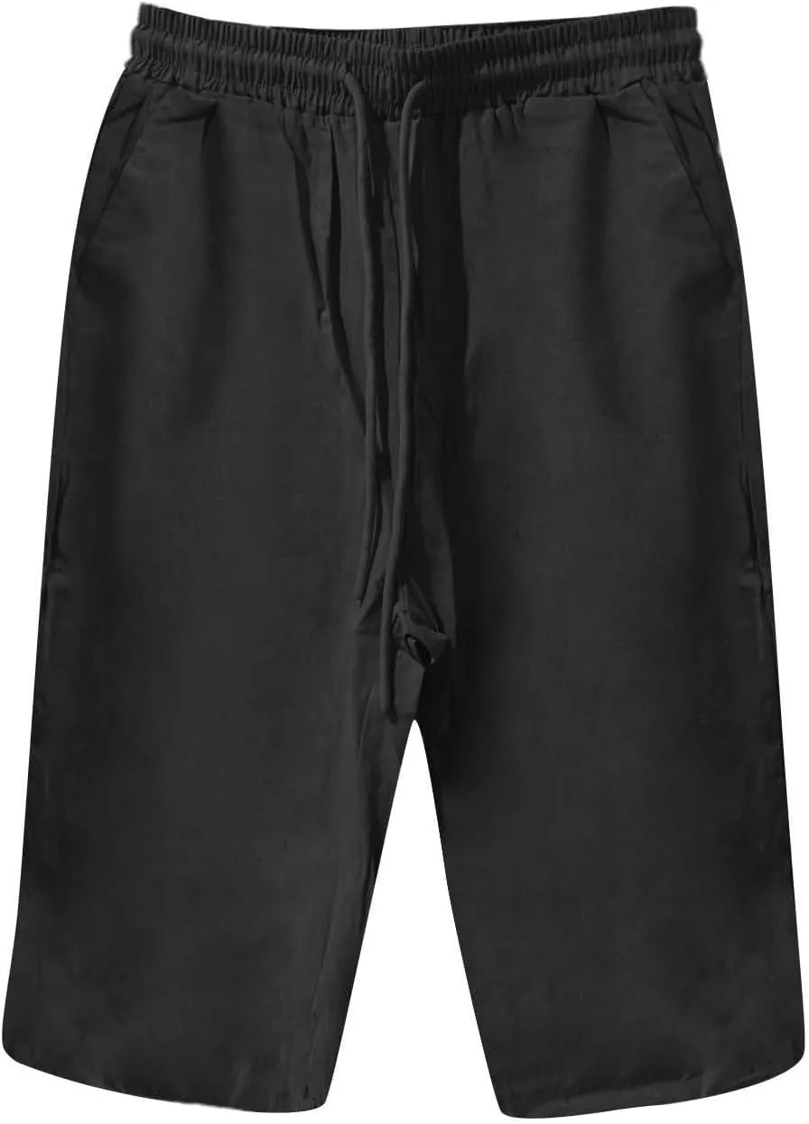 Bermuda Shorts for Women Knee Length Cotton Linen Capris Elastic Waisted Pants Summer Beach Board Shorts with Pockets