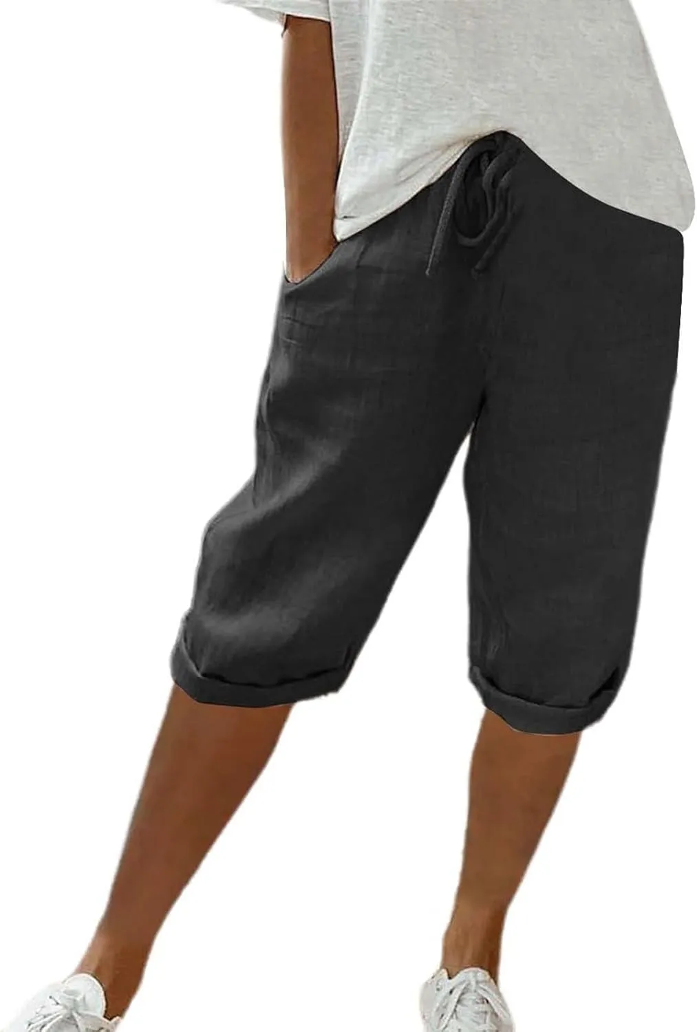 Bermuda Shorts for Women Knee Length Cotton Linen Capris Elastic Waisted Pants Summer Beach Board Shorts with Pockets