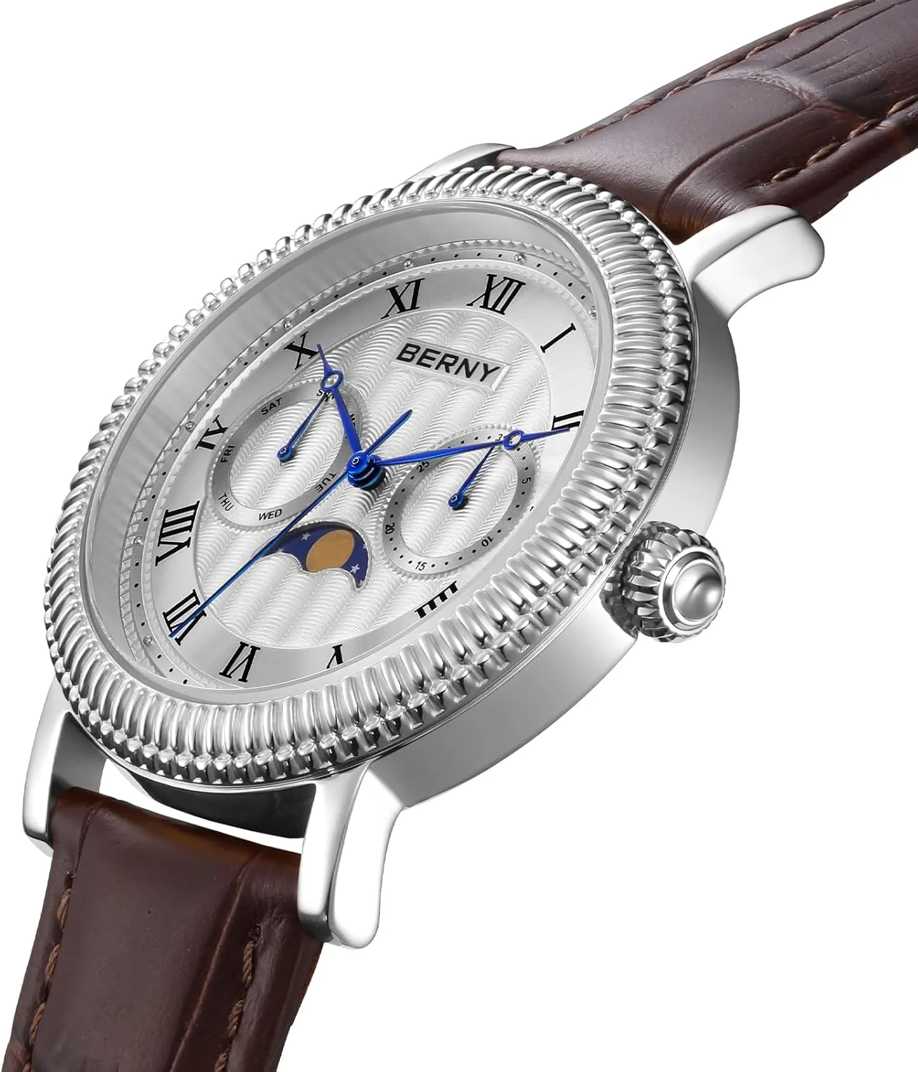 BERNY Silver Watch for Men Moon Phase Wristwatch Multi-Function Analog Quartz Watches Classic Roman Numerals Markers with Date Day Calendar Stainless Steel Case