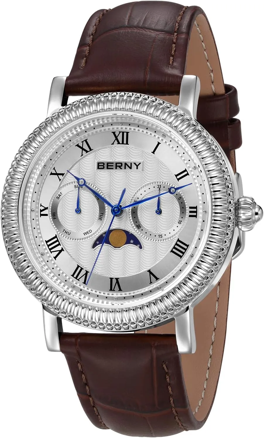 BERNY Silver Watch for Men Moon Phase Wristwatch Multi-Function Analog Quartz Watches Classic Roman Numerals Markers with Date Day Calendar Stainless Steel Case