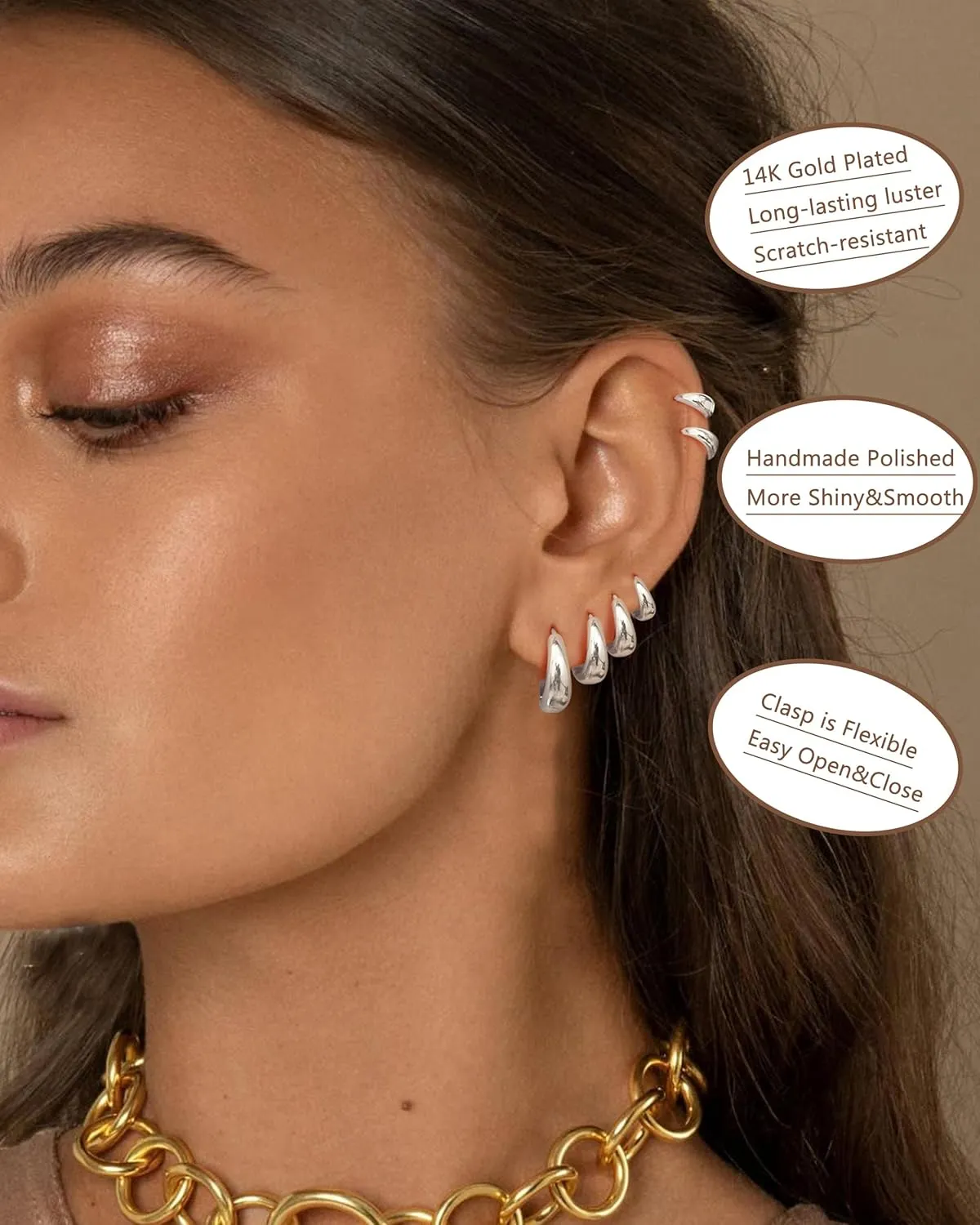 BESTEEL 6 Pairs Small Chunky Hoop Earrings - 14K Gold & Silver Huggie Hoops - Hypoallergenic - Tiny, Trendy Thick Hoops - Stackable for Sensitive Ears
