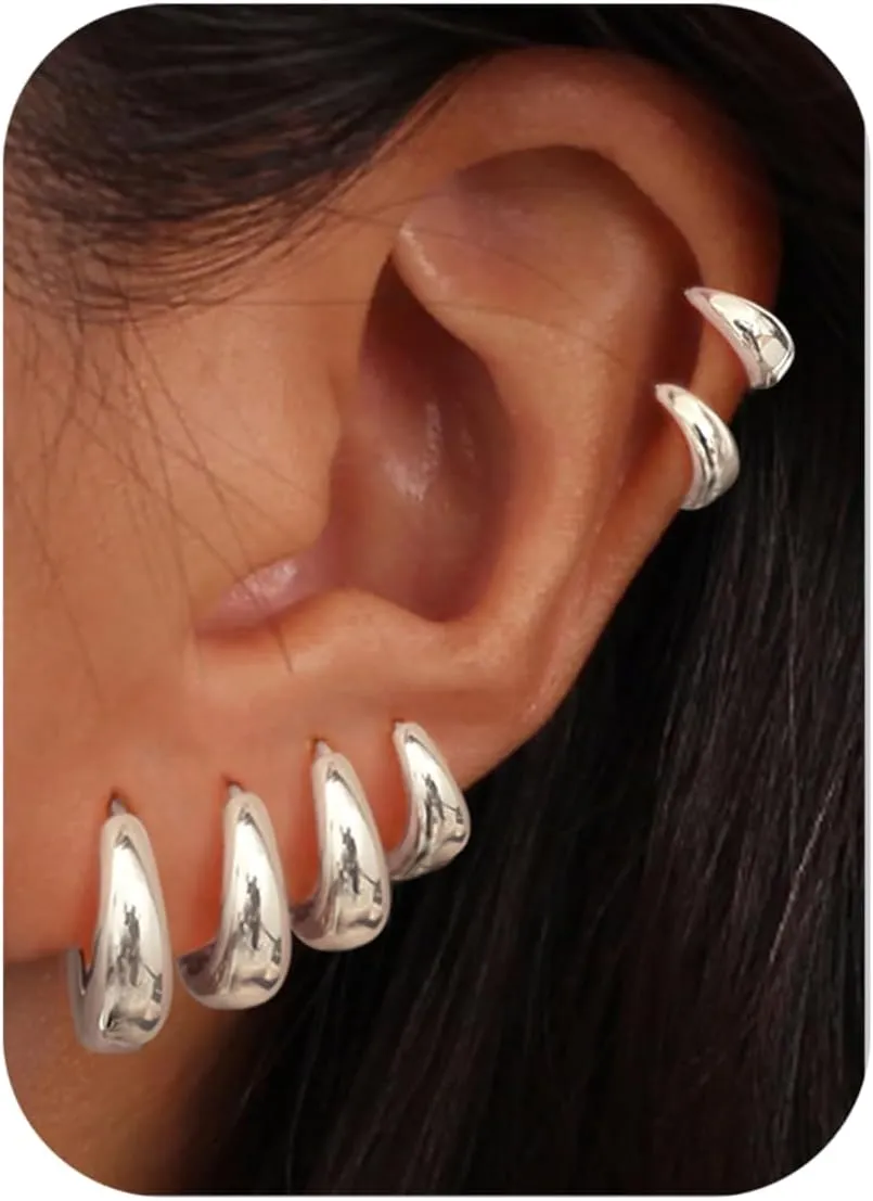 BESTEEL 6 Pairs Small Chunky Hoop Earrings - 14K Gold & Silver Huggie Hoops - Hypoallergenic - Tiny, Trendy Thick Hoops - Stackable for Sensitive Ears