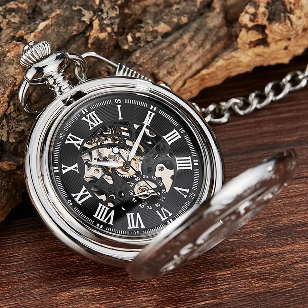 Black and Silver Roman Numeral Dial Mens Mechanical Moon Phase Design, Moon Sun Pattern Skeleton Mechanical Pocket Watches for Men with Case and Chain - Black