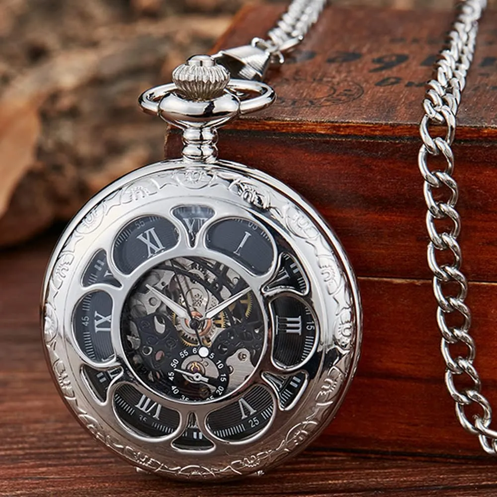 Black and Silver Roman Numeral Dial Mens Mechanical Moon Phase Design, Moon Sun Pattern Skeleton Mechanical Pocket Watches for Men with Case and Chain - Black