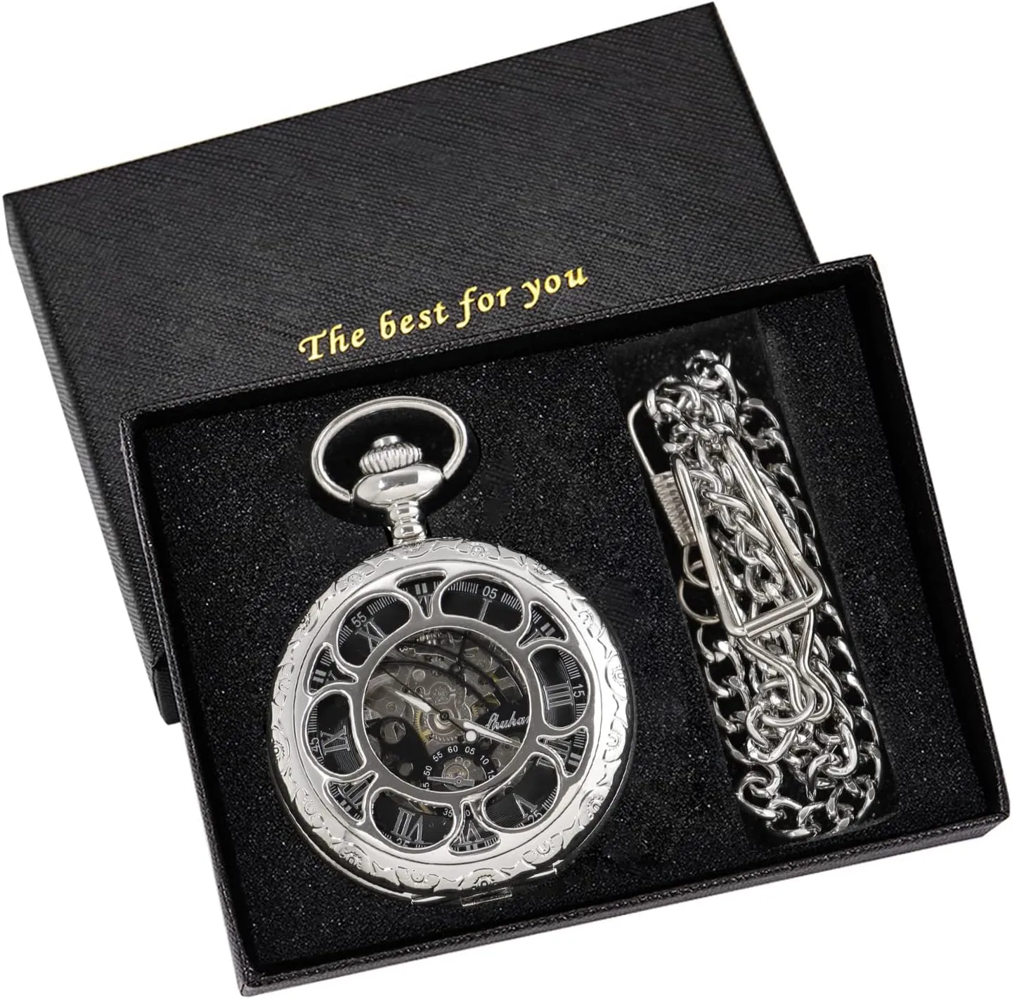 Black and Silver Roman Numeral Dial Mens Mechanical Moon Phase Design, Moon Sun Pattern Skeleton Mechanical Pocket Watches for Men with Case and Chain - Black