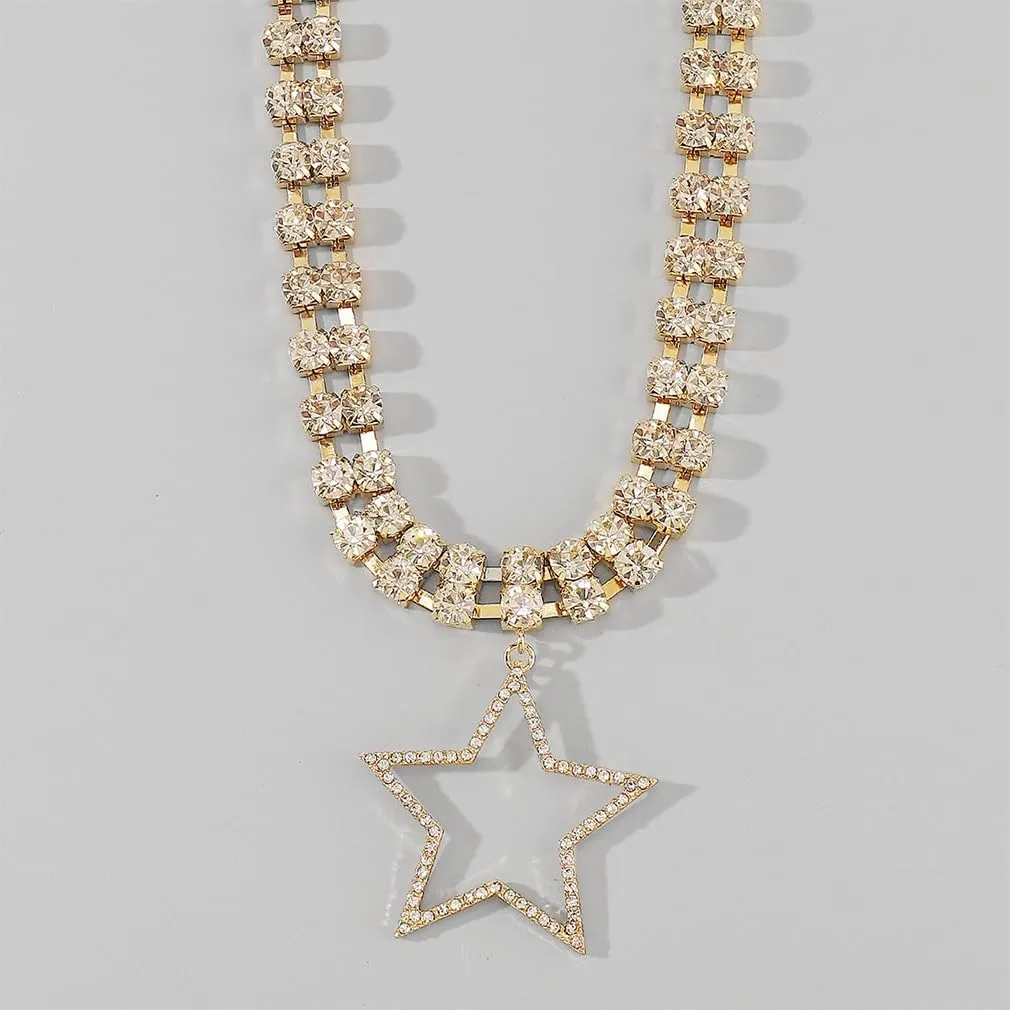 Bling Crystal Layered Large Star Choker Necklaces for Women Sparkly Gold Rhinestone Big Pentacle Statement Pendant Necklace Chunky Silver Jewelry