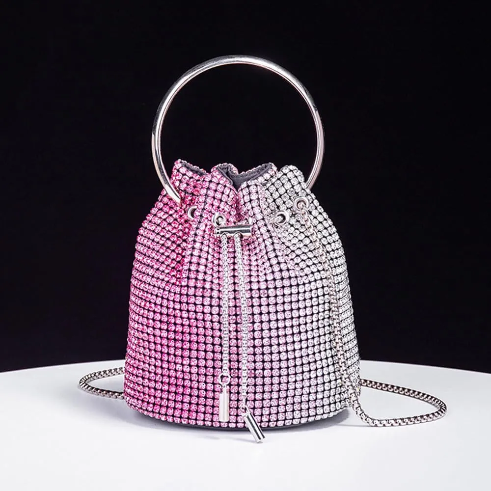 Bling Evening Handbag Rhinestone Drawstring Shoulder Bucket Purse Diamond Clutch Purse Party Wedding Shopping