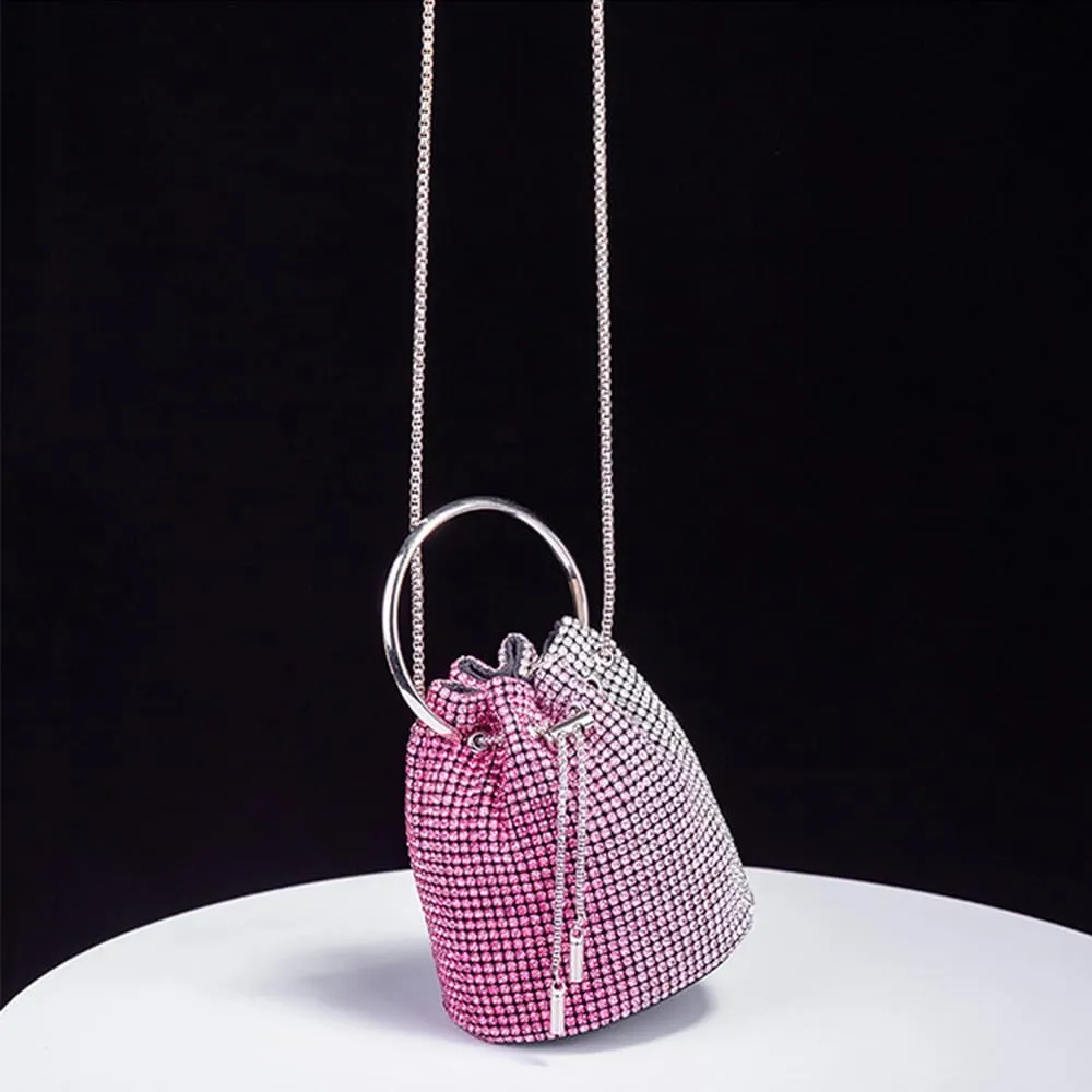 Bling Evening Handbag Rhinestone Drawstring Shoulder Bucket Purse Diamond Clutch Purse Party Wedding Shopping