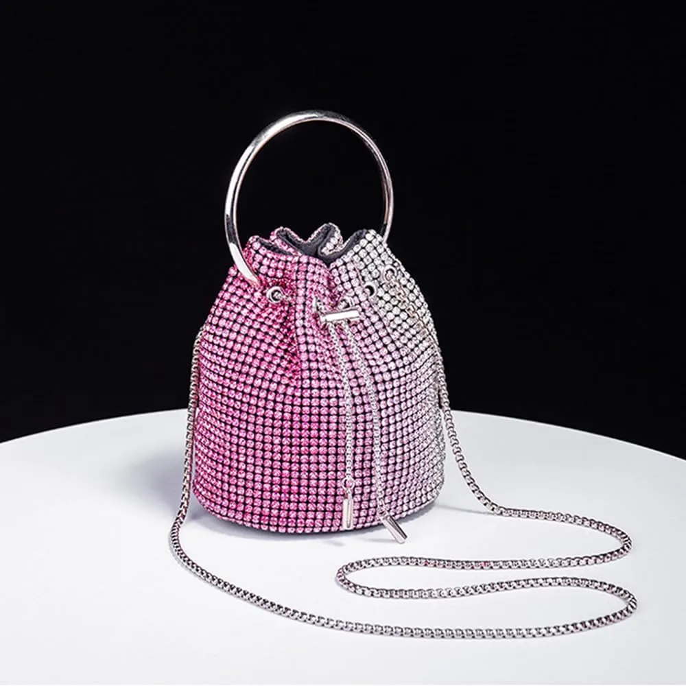 Bling Evening Handbag Rhinestone Drawstring Shoulder Bucket Purse Diamond Clutch Purse Party Wedding Shopping