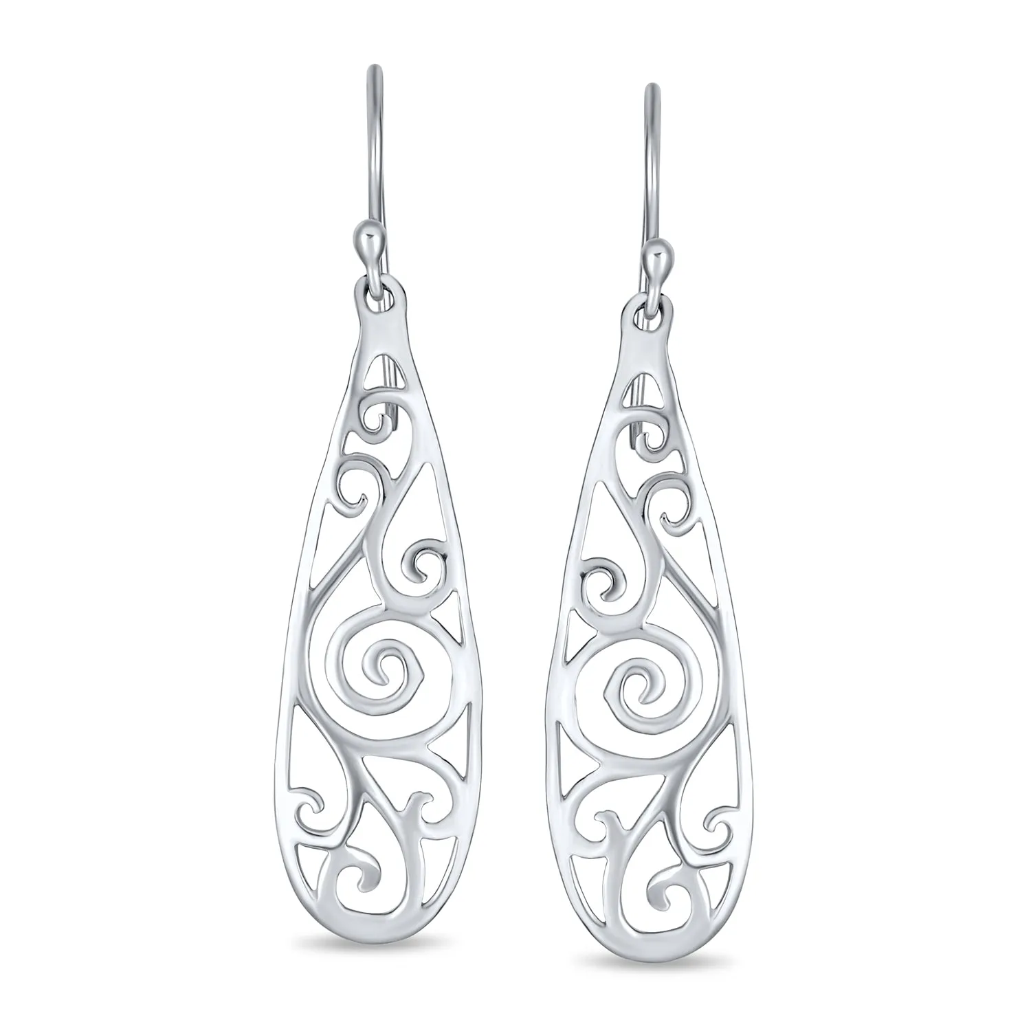 Boho Filgree Swirl Long Dangling Teardrop Earrings 925 Sterling Silver