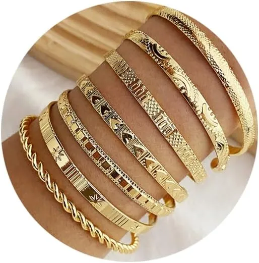 Boho Gold Bangle Cuff Bracelet Set for Women Vintage Layered Stackable Bracelet Set Adjustable Arrow Hexagram Twist Engraved Open Cuff Wrap Bangle Dainty Jewelry Gifts