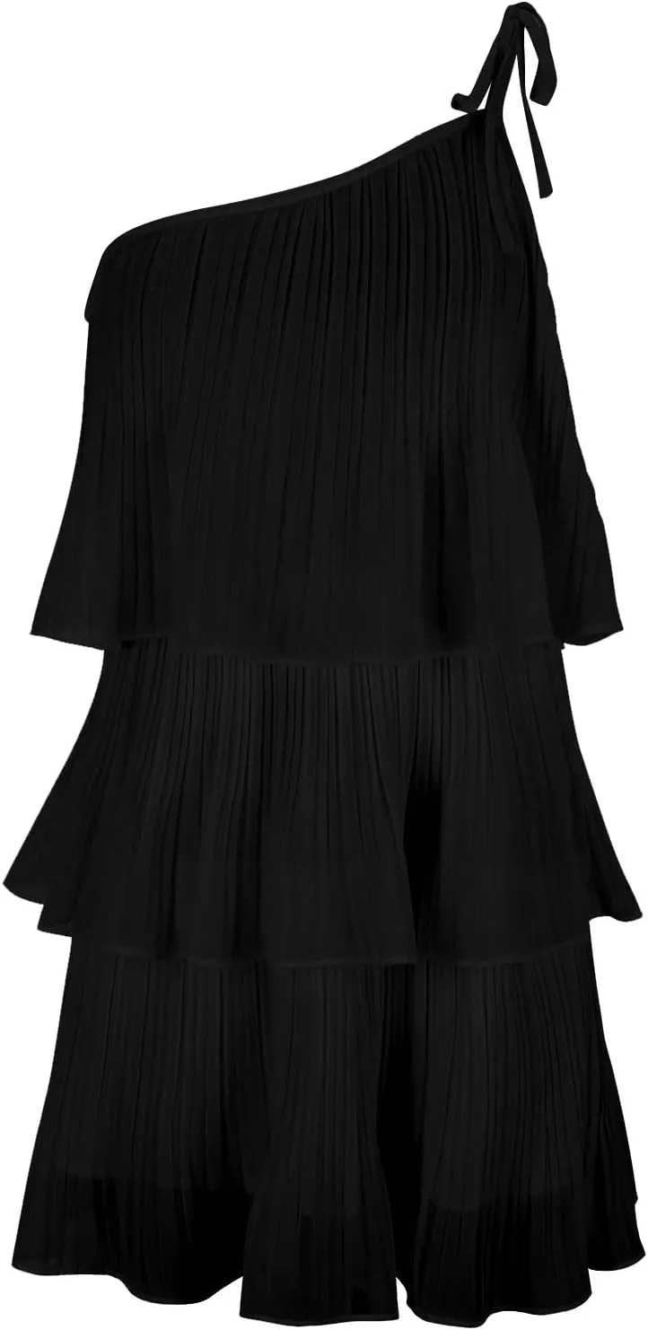 Boho Summer Tie Strap Dress for Women One Shoulder Flowy Ruffle Beach Mini Dress Spaghetti Strap Floral Print Beach Dress