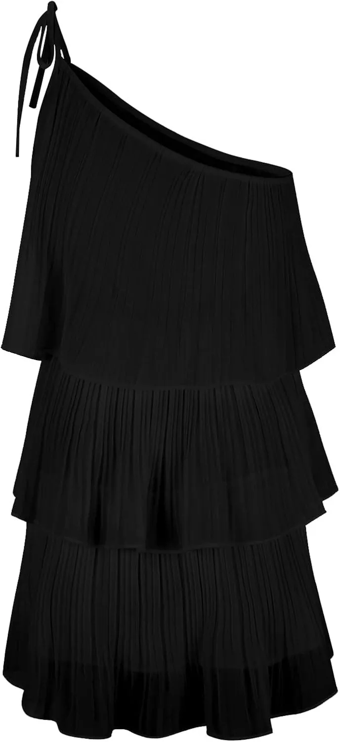 Boho Summer Tie Strap Dress for Women One Shoulder Flowy Ruffle Beach Mini Dress Spaghetti Strap Floral Print Beach Dress