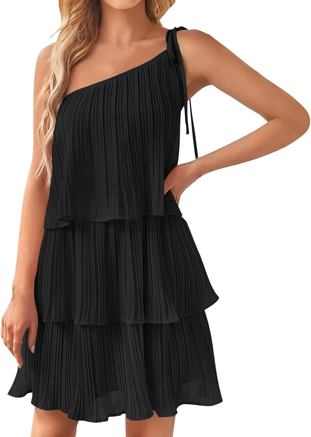 Boho Summer Tie Strap Dress for Women One Shoulder Flowy Ruffle Beach Mini Dress Spaghetti Strap Floral Print Beach Dress