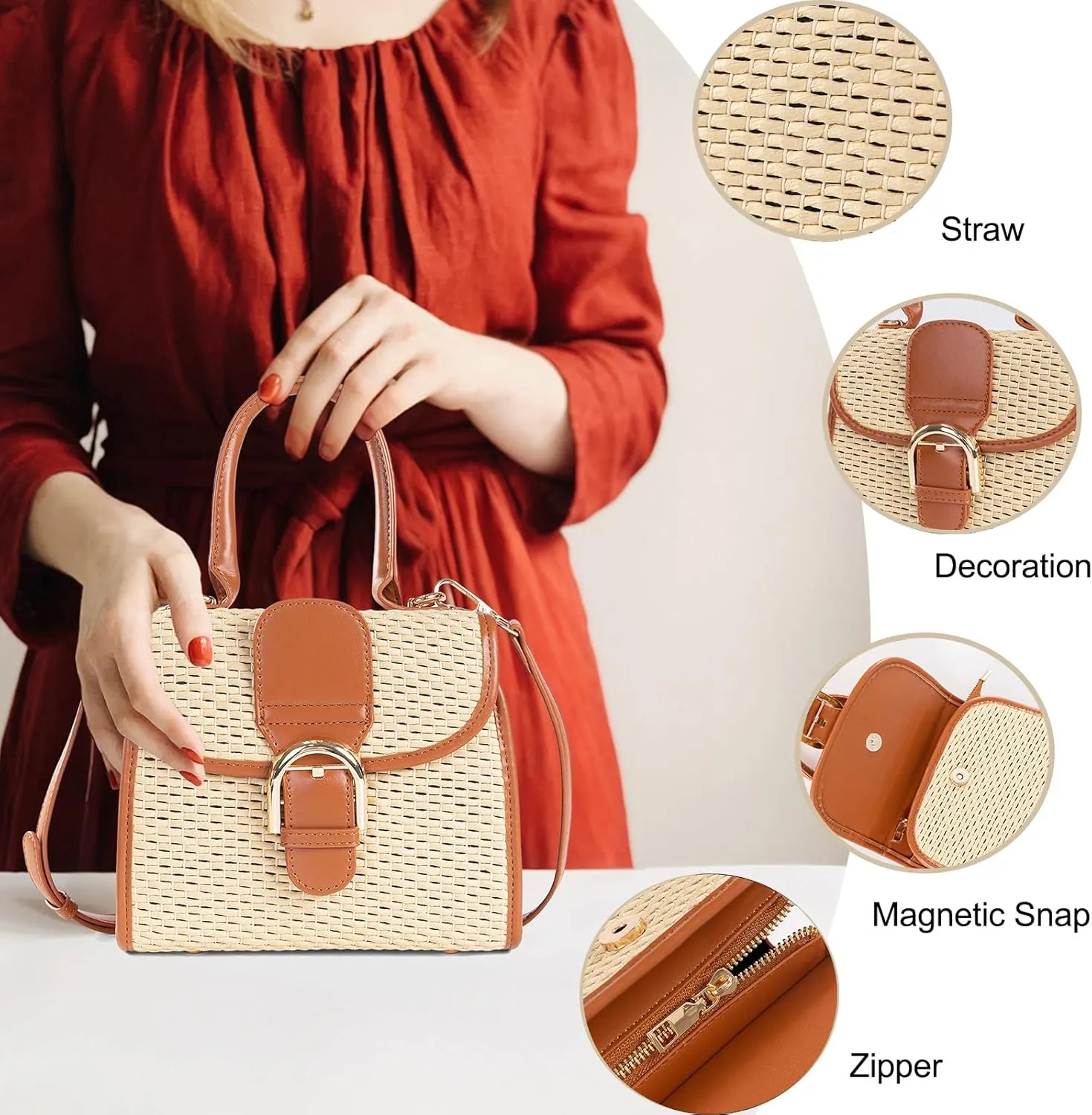 boshiho Retro Straw Woven Handbag Womens Small Cross Body Bag Shoulder Messenger Satchel