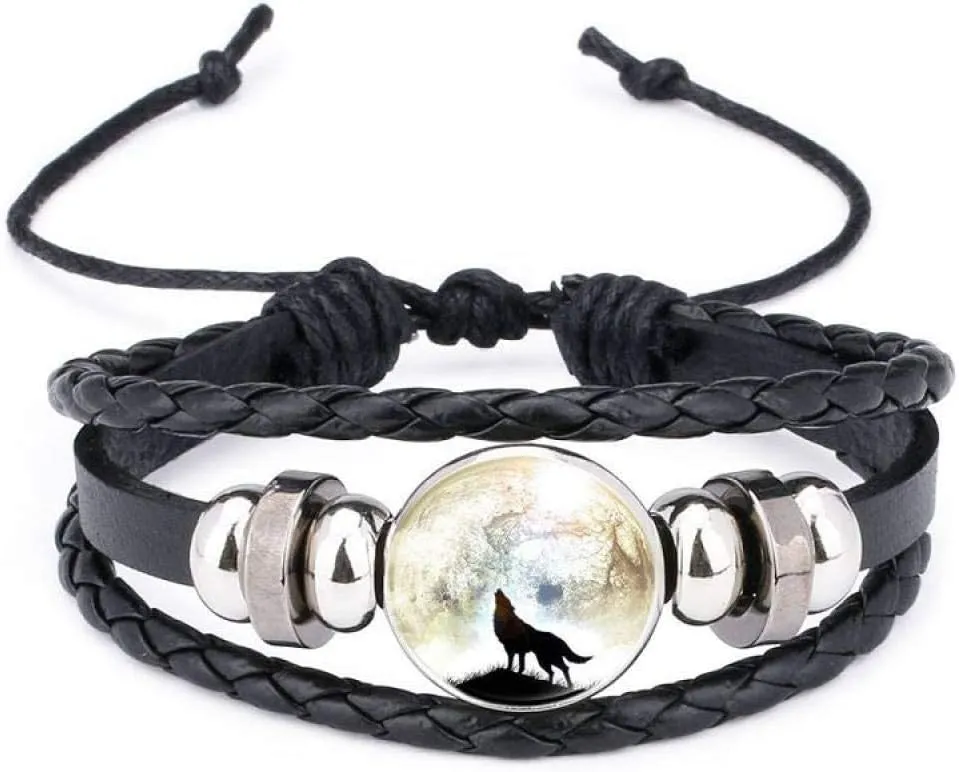 Braided Cuff Bracelets, Rope Bracelet for Women Vintage Braided Rope Bangle Black Multilayer Twist Leather Beaded Round Glass Black Wolf Animal Woven Bracelets Kid Friend Handmade Clothing Access