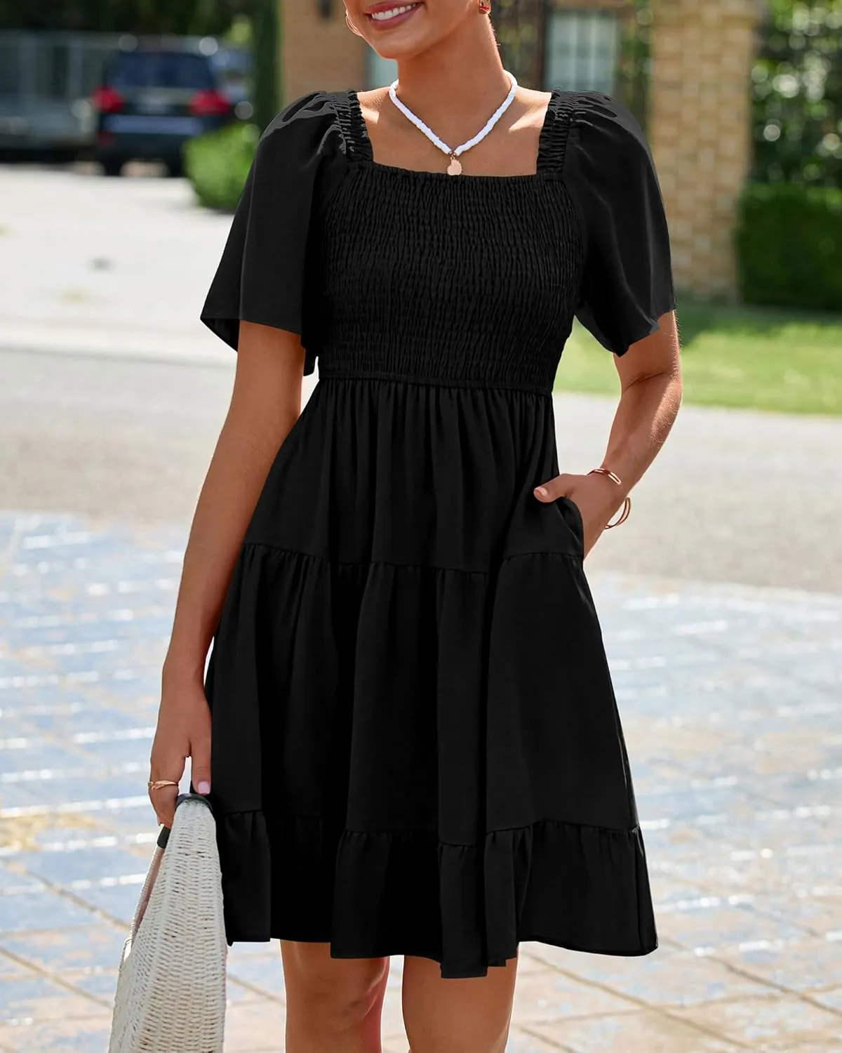 BTFBM Women's Summer Smocked Mini Dress Square Neck Flutter Sleeve Casual Ruffle Flared Swing Boho Beach Dresses Pockets