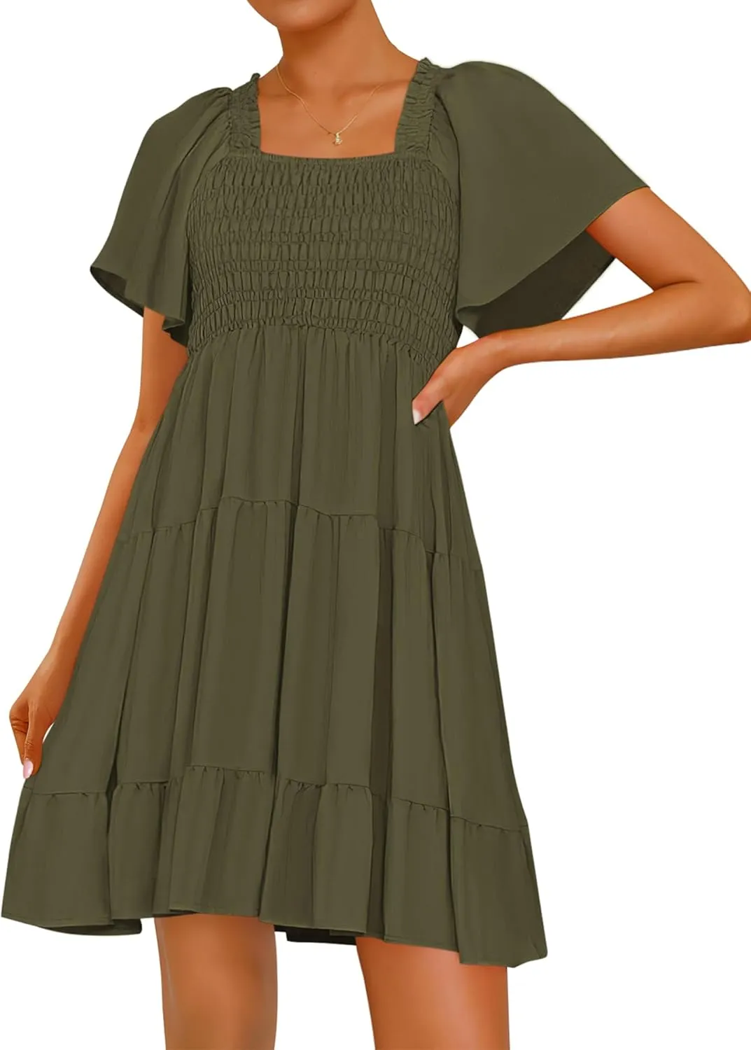 BTFBM Women's Summer Smocked Mini Dress Square Neck Flutter Sleeve Casual Ruffle Flared Swing Boho Beach Dresses Pockets
