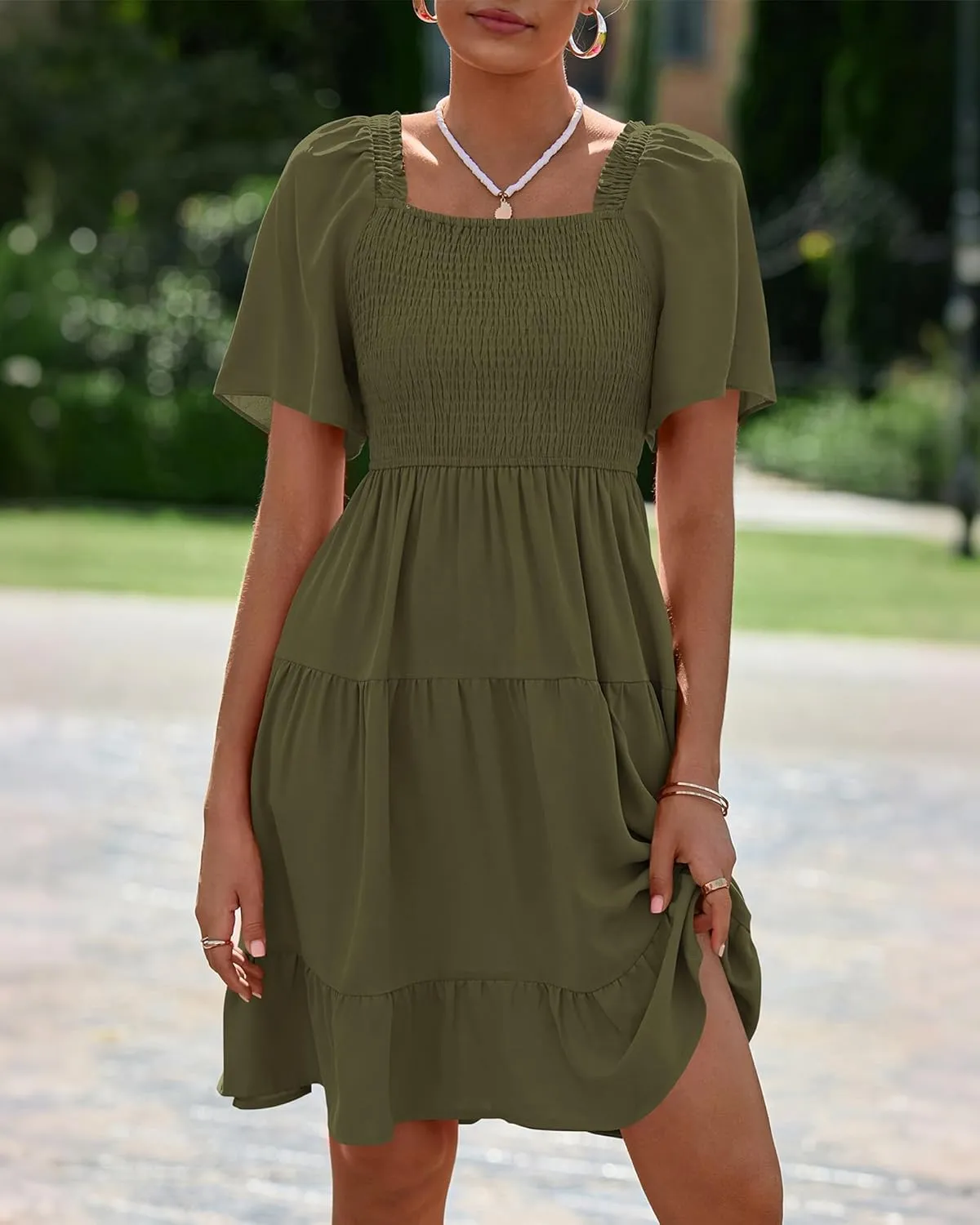 BTFBM Women's Summer Smocked Mini Dress Square Neck Flutter Sleeve Casual Ruffle Flared Swing Boho Beach Dresses Pockets