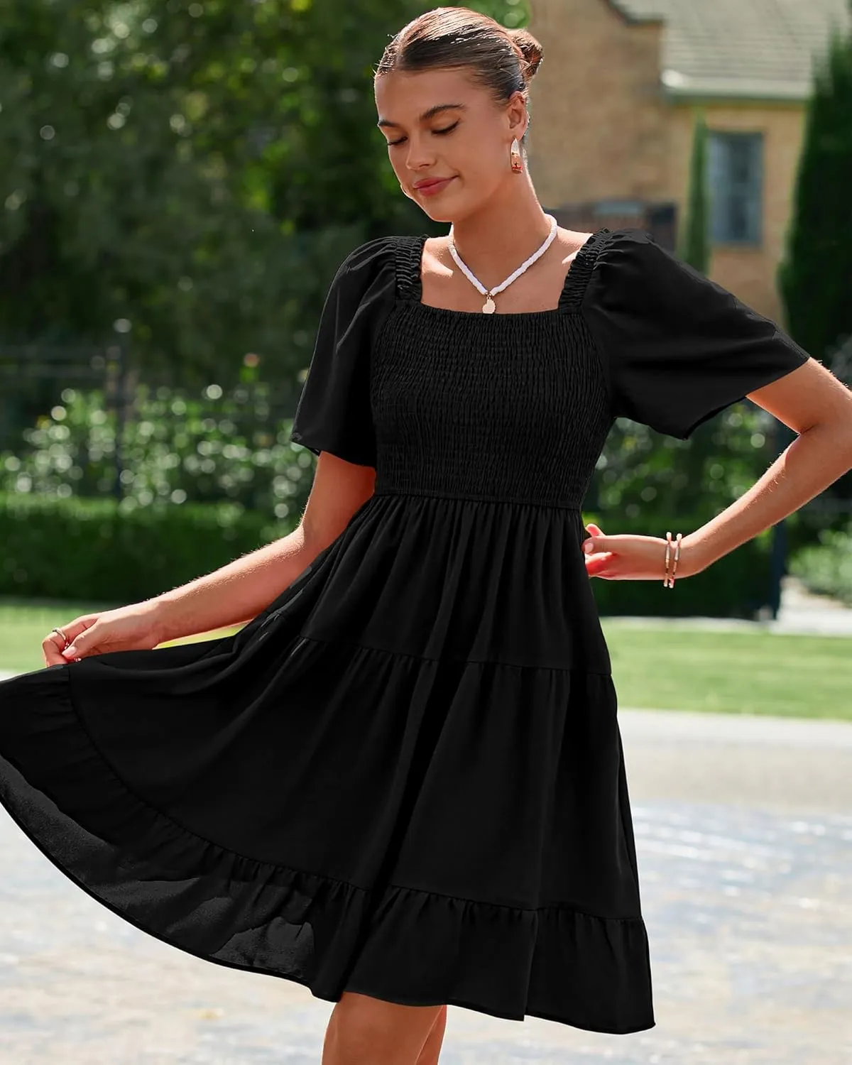BTFBM Women's Summer Smocked Mini Dress Square Neck Flutter Sleeve Casual Ruffle Flared Swing Boho Beach Dresses Pockets