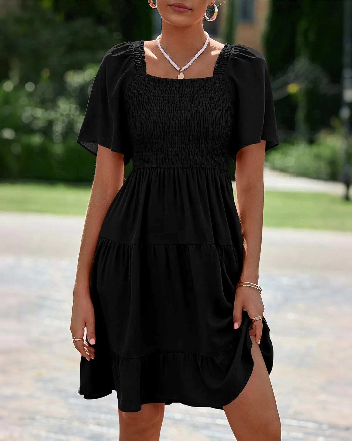 BTFBM Women's Summer Smocked Mini Dress Square Neck Flutter Sleeve Casual Ruffle Flared Swing Boho Beach Dresses Pockets
