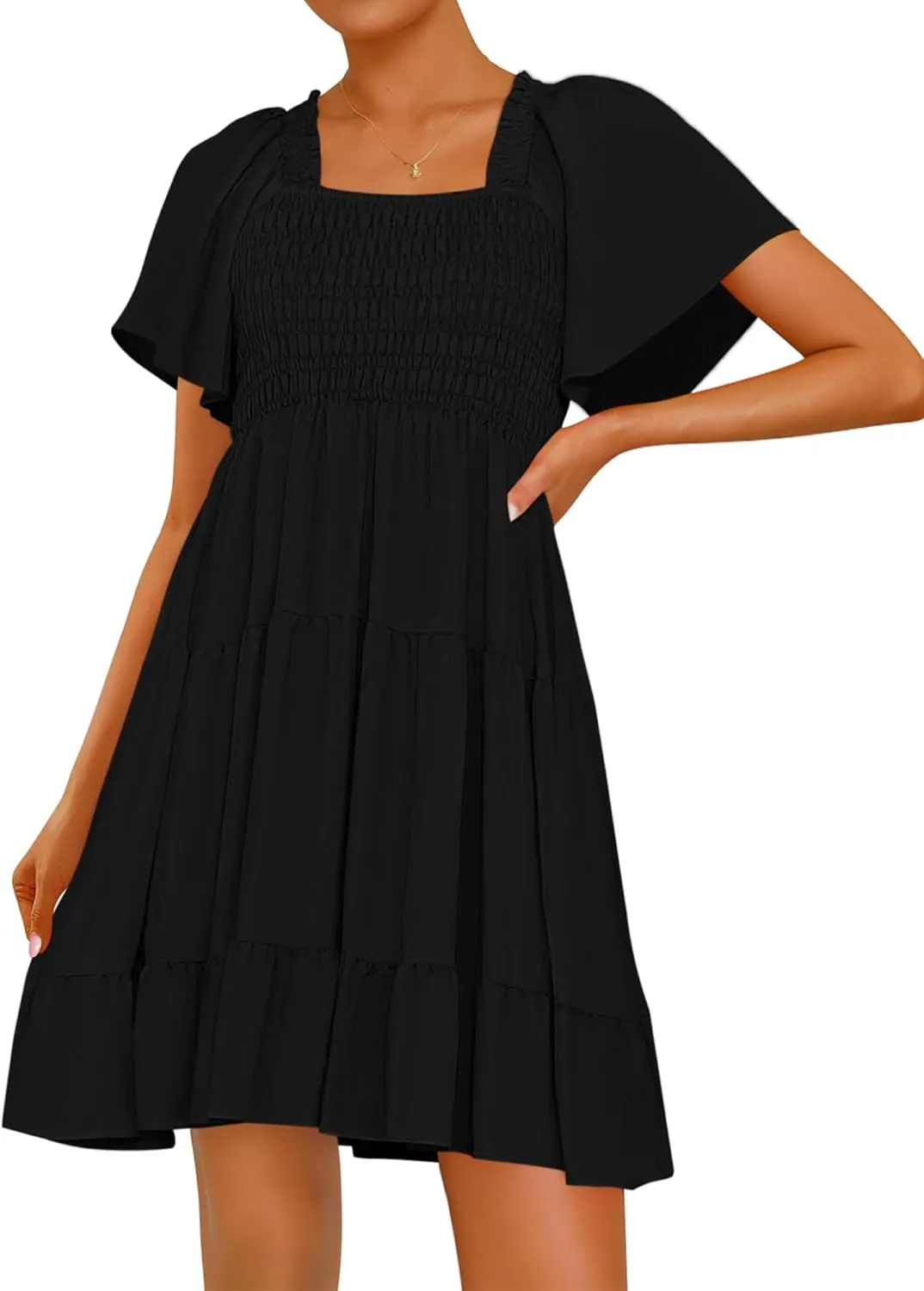 BTFBM Women's Summer Smocked Mini Dress Square Neck Flutter Sleeve Casual Ruffle Flared Swing Boho Beach Dresses Pockets