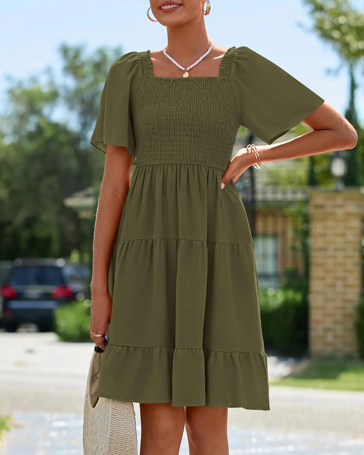 BTFBM Women's Summer Smocked Mini Dress Square Neck Flutter Sleeve Casual Ruffle Flared Swing Boho Beach Dresses Pockets