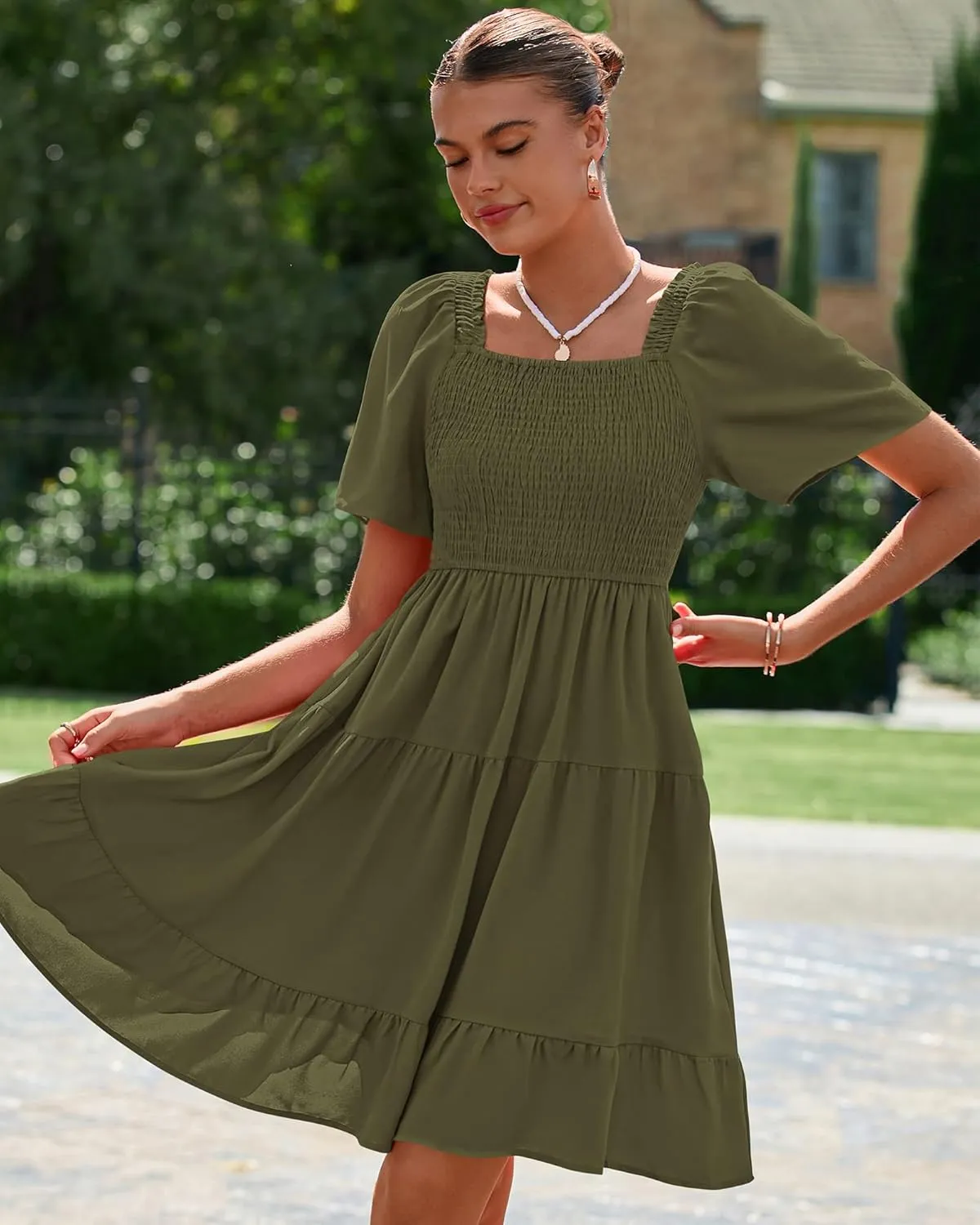 BTFBM Women's Summer Smocked Mini Dress Square Neck Flutter Sleeve Casual Ruffle Flared Swing Boho Beach Dresses Pockets