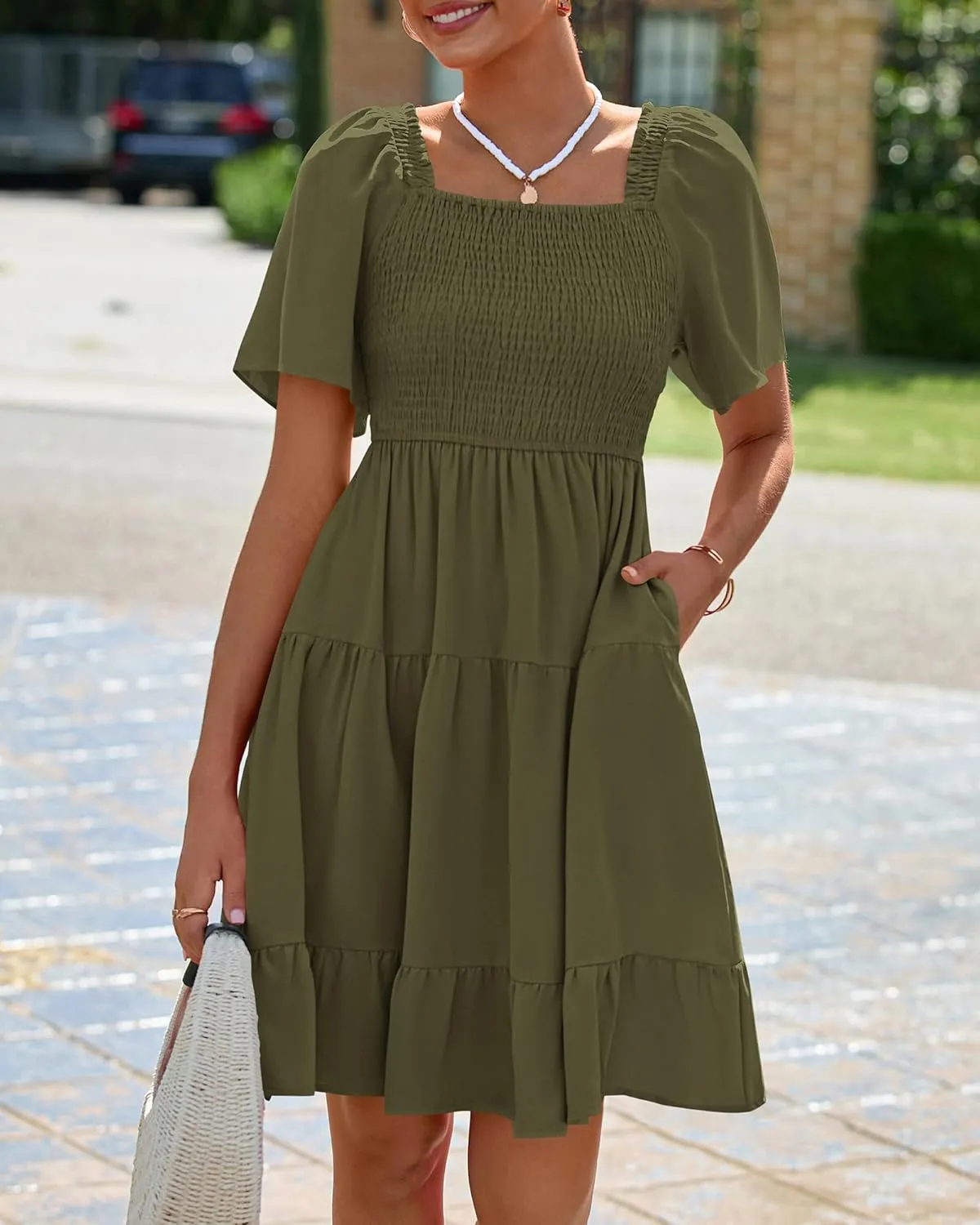 BTFBM Women's Summer Smocked Mini Dress Square Neck Flutter Sleeve Casual Ruffle Flared Swing Boho Beach Dresses Pockets