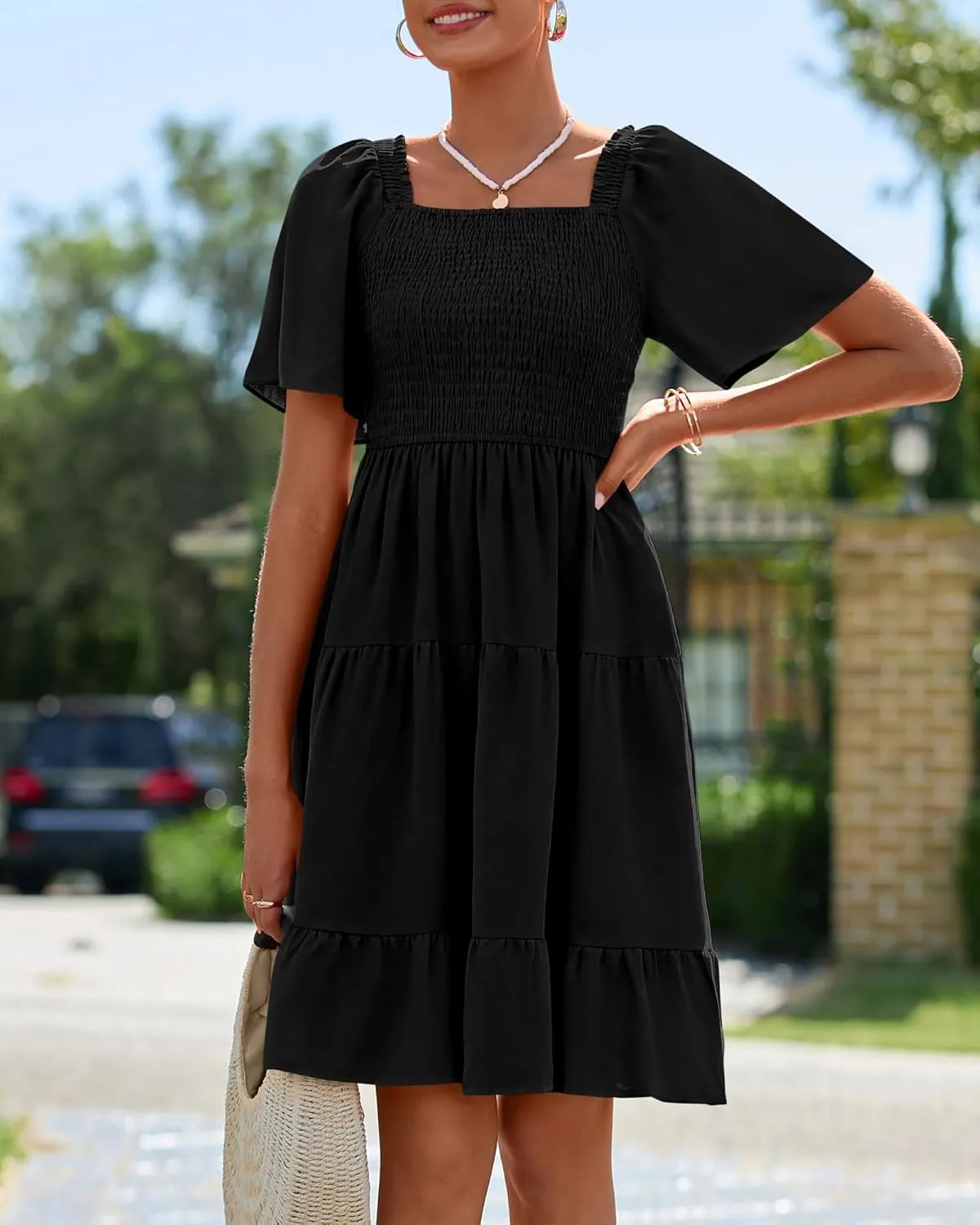 BTFBM Women's Summer Smocked Mini Dress Square Neck Flutter Sleeve Casual Ruffle Flared Swing Boho Beach Dresses Pockets