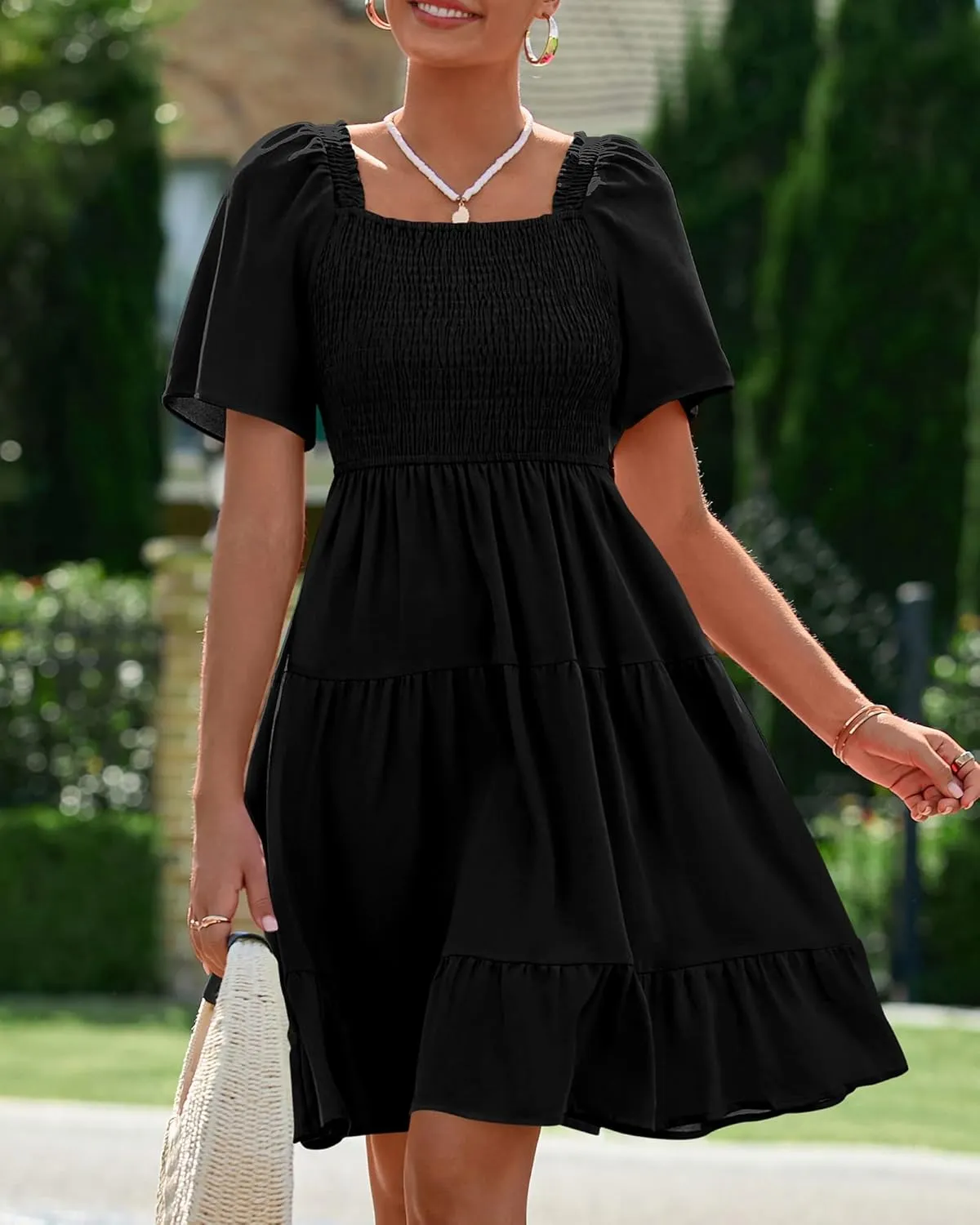 BTFBM Women's Summer Smocked Mini Dress Square Neck Flutter Sleeve Casual Ruffle Flared Swing Boho Beach Dresses Pockets